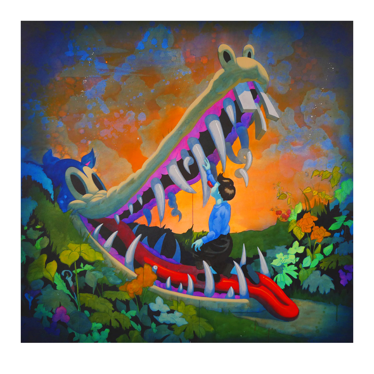 The limited edition archival pigment print, How Does It Make You Feel by Victor Castillo, features a surreal scene of a person kneeling before a cartoon-eyed creature with sharp teeth, surrounded by vibrant plants against an orange and blue sky.