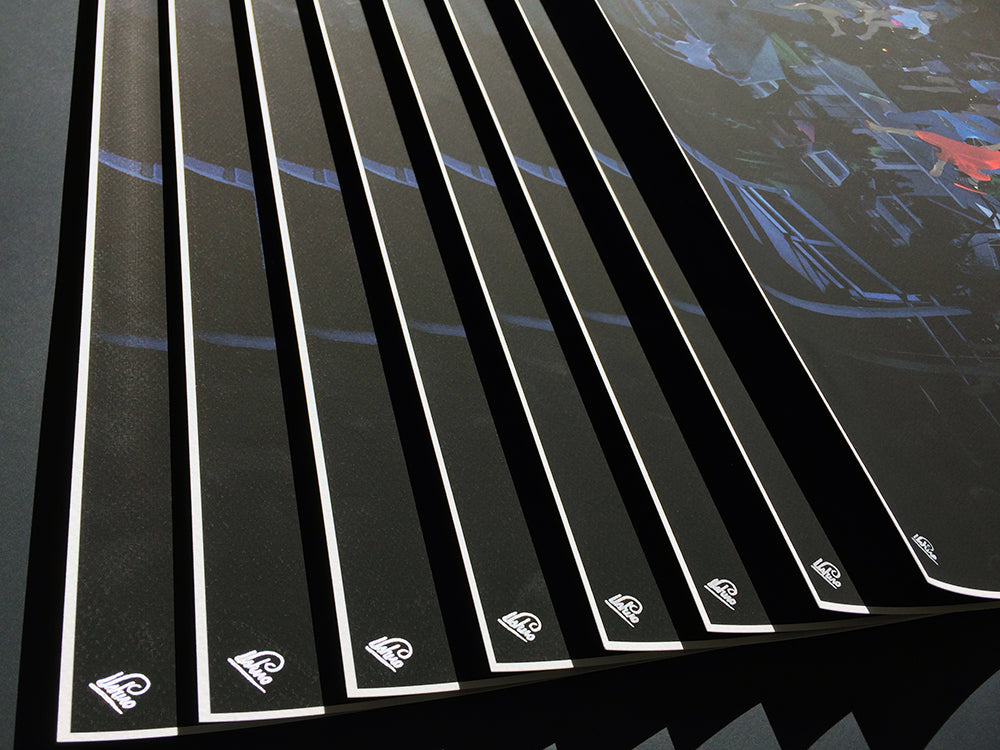A limited edition set of The Lifting and the Releasing black posters by Edwin Ushiro, with small logos at the bottom corner, features white borders. Arranged in a slight overlap, these glossy posters exhibit exquisite archival pigment print quality.