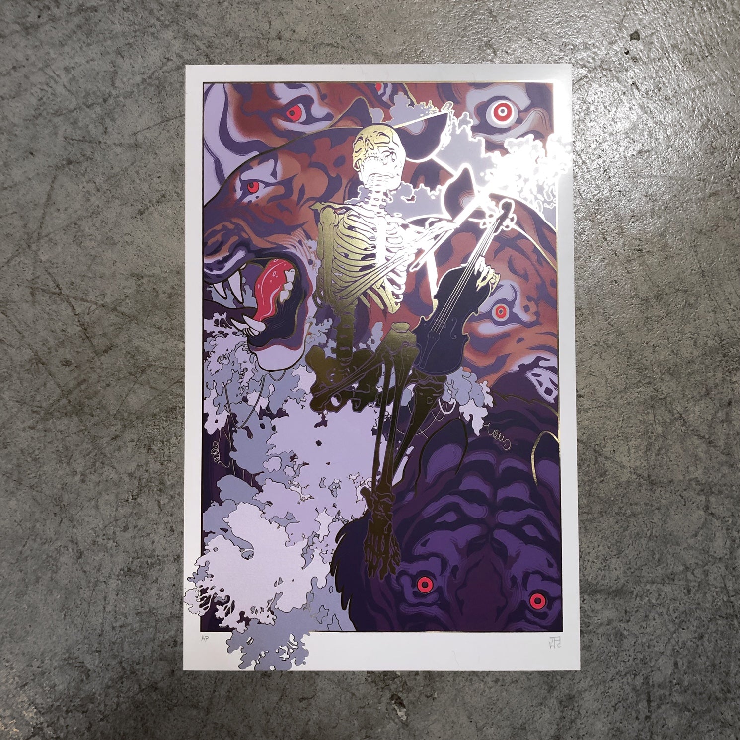 Soothe by JAW Cooper depicts a skeleton playing a string instrument, enveloped in abstract swirls and eyes. The art uses dark and vibrant purples, reds, and whites to create an otherworldly atmosphere, reminiscent of a detailed screen print.