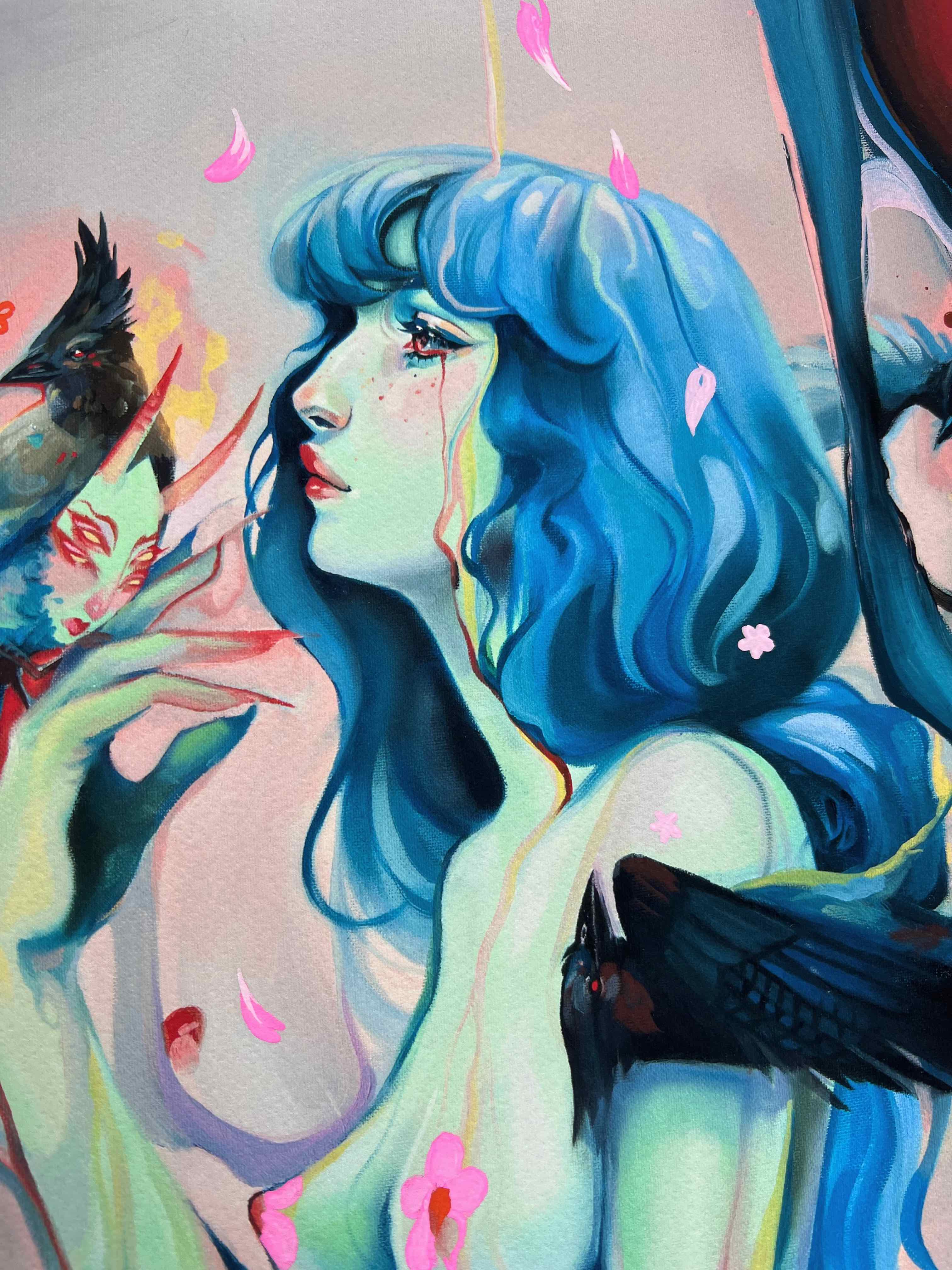 An archival pigment print, Death & Transformation by Audra Auclair, depicts a dreamy blue-haired woman gazing upward, surrounded by vibrant birds and pink petals. Her contemplative expression and colorful accents enhance the serene, mystical atmosphere.
