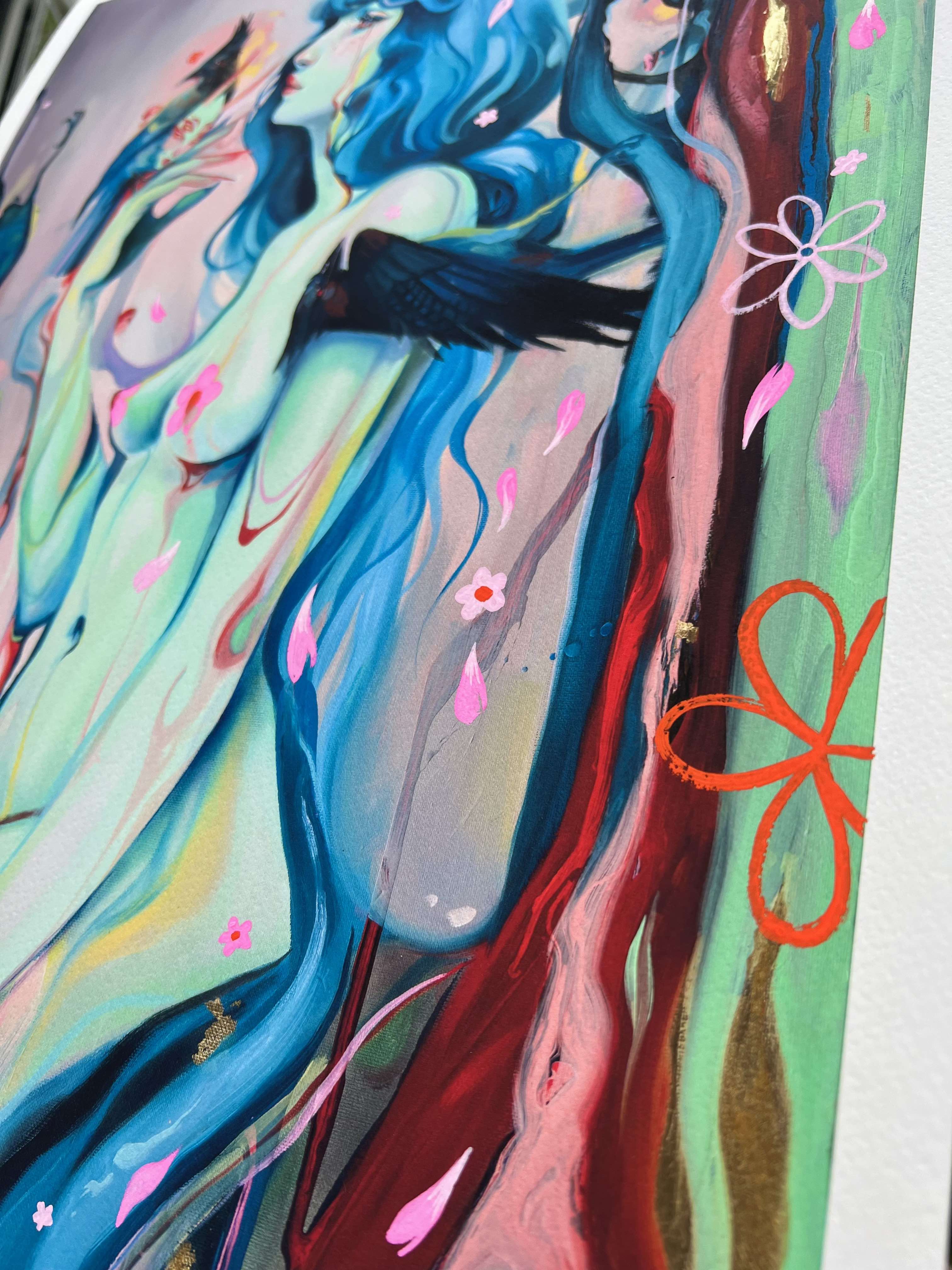 Audra Auclairs Death & Transformation is a vibrant piece showcasing two intertwined female figures with flowing blue hair, surrounded by swirling red, green, and pink hues and floral motifs. This artwork is available as an archival pigment print, merging fluid forms with whimsical elements.