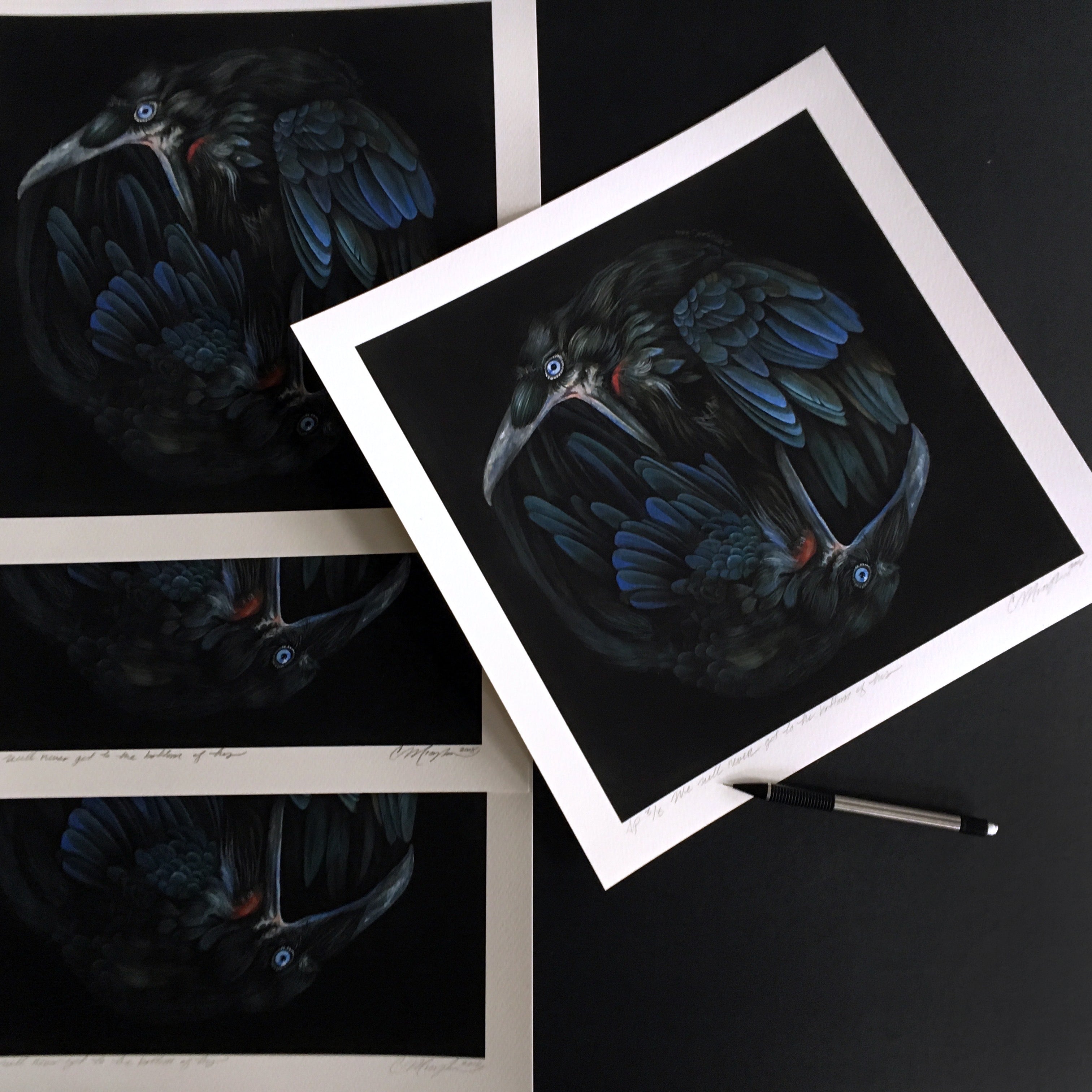 Christina Mroziks limited edition print, We Will Never Get To The Bottom Of It, showcases two intertwined black birds with blue and iridescent feathers. A pen beside the archival pigment prints highlights their stunning detail on a dark surface.