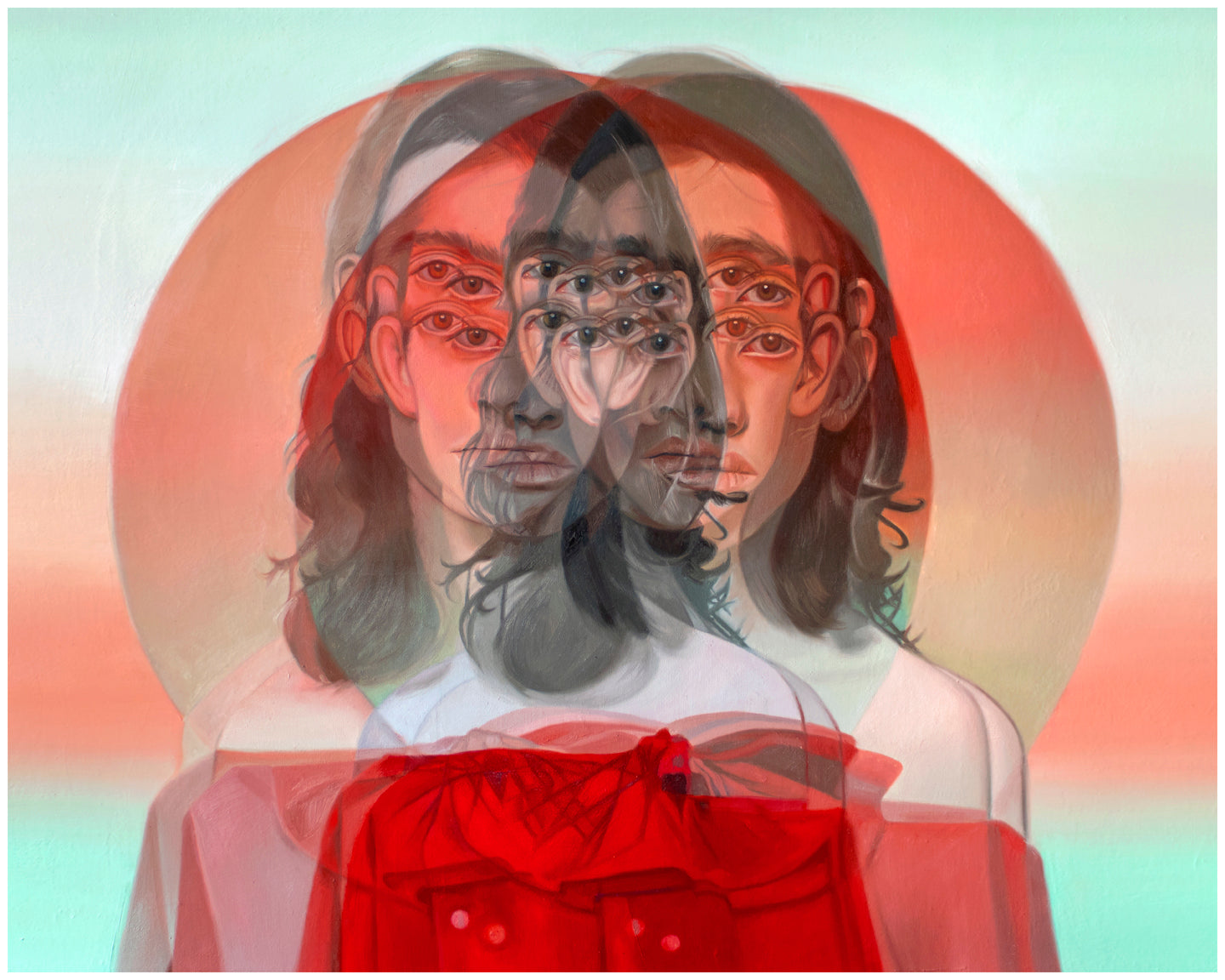 Into the Abyss of Nothingness by Alex Garant features surreal artwork with overlapping faces and eyes on a person in a red shirt. The circular gradient backdrop, blending green, pastel pink, and red hues, enhances the dreamlike atmosphere of this Archival Pigment Print.