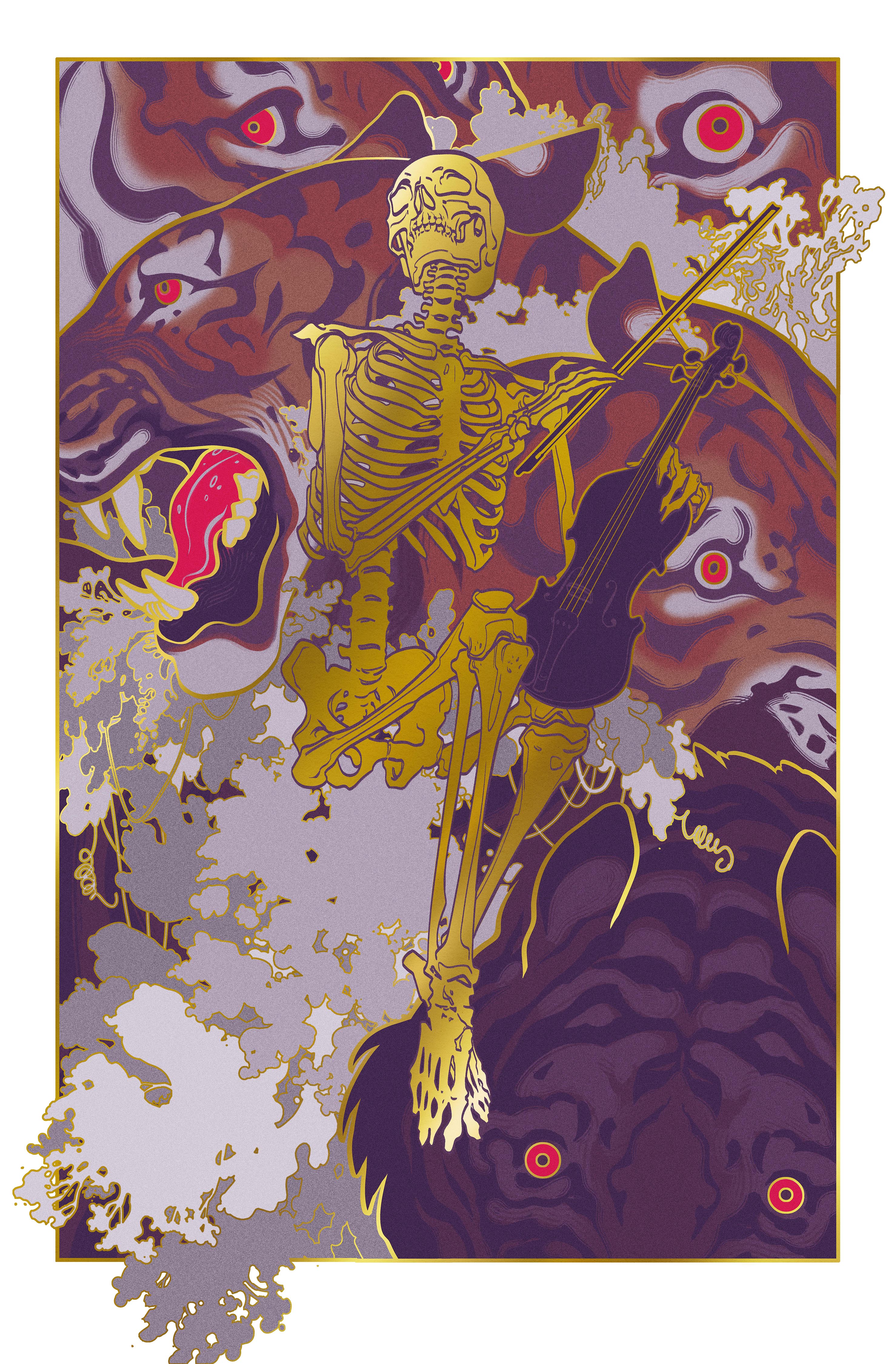 The product Soothe by JAW Cooper features a golden skeleton playing a string instrument among abstract shapes and colors. Fierce eyes and animalistic forms blend into the vibrant background, echoing the dynamic artistry and vivid screen print style of JAW Cooper.