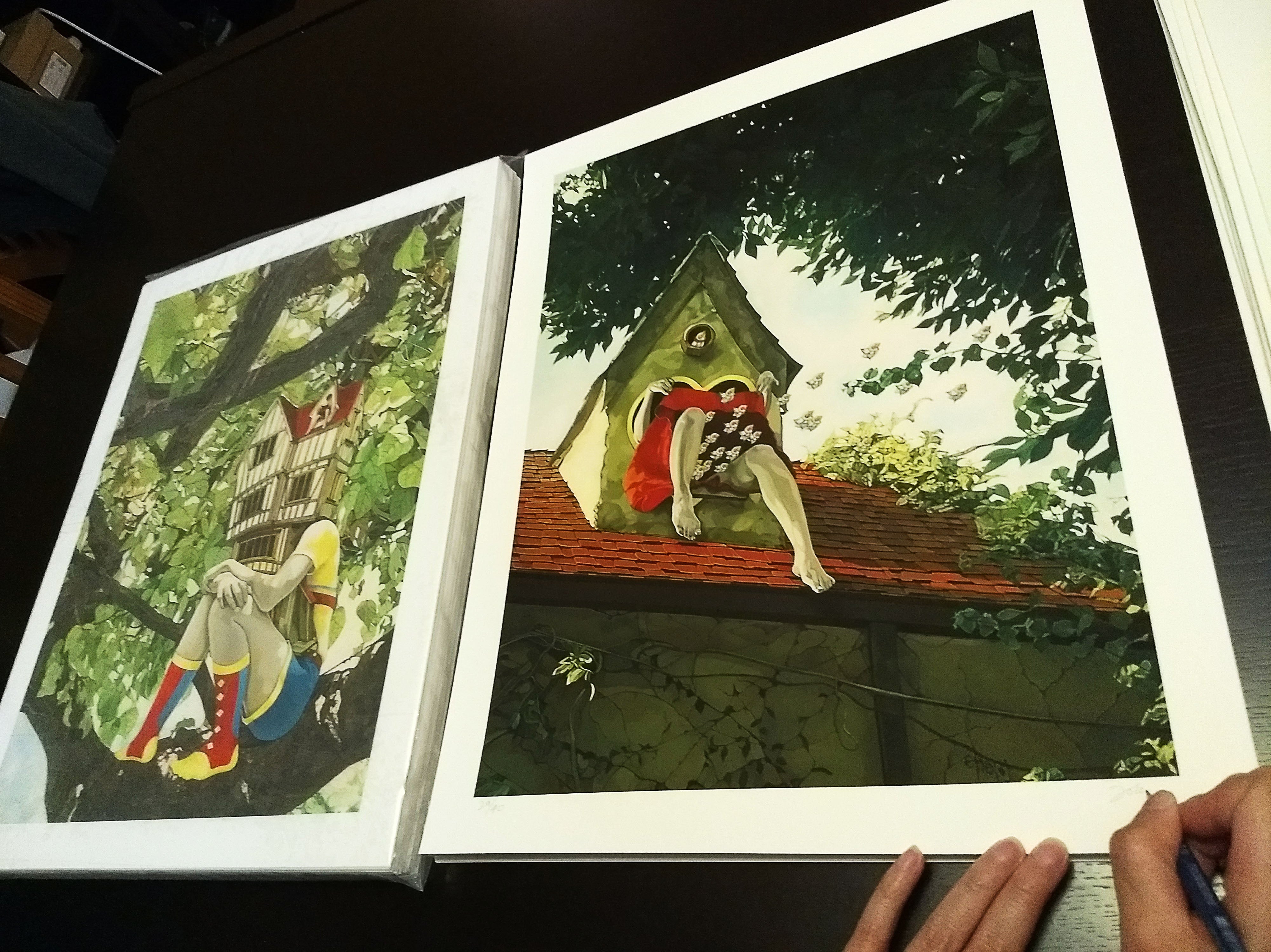 The Migration & Dollhouse set by Jolene Lai showcases two surreal art prints: the left print, a signed, numbered archival pigment piece, depicts a figure in colorful attire with architectural elements; the right features a dressed figure atop a roof with greenery as two hands emerge at the bottom right.
