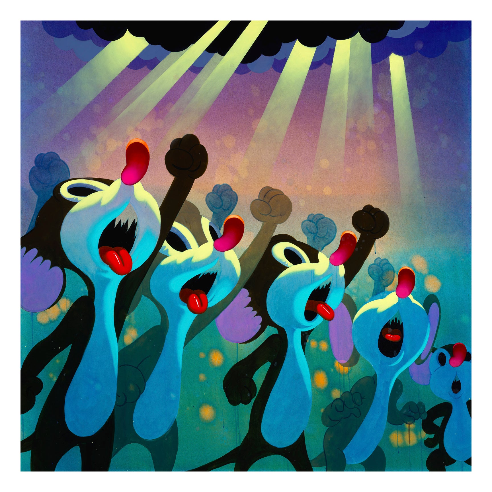 In Victor Castillos Justicia Divina II (No Justice, No Peace), vivid cartoon-like figures with exaggerated faces raise their arms toward beams of light, set against a glowing gradient sky, subtly highlighting themes of social injustice.