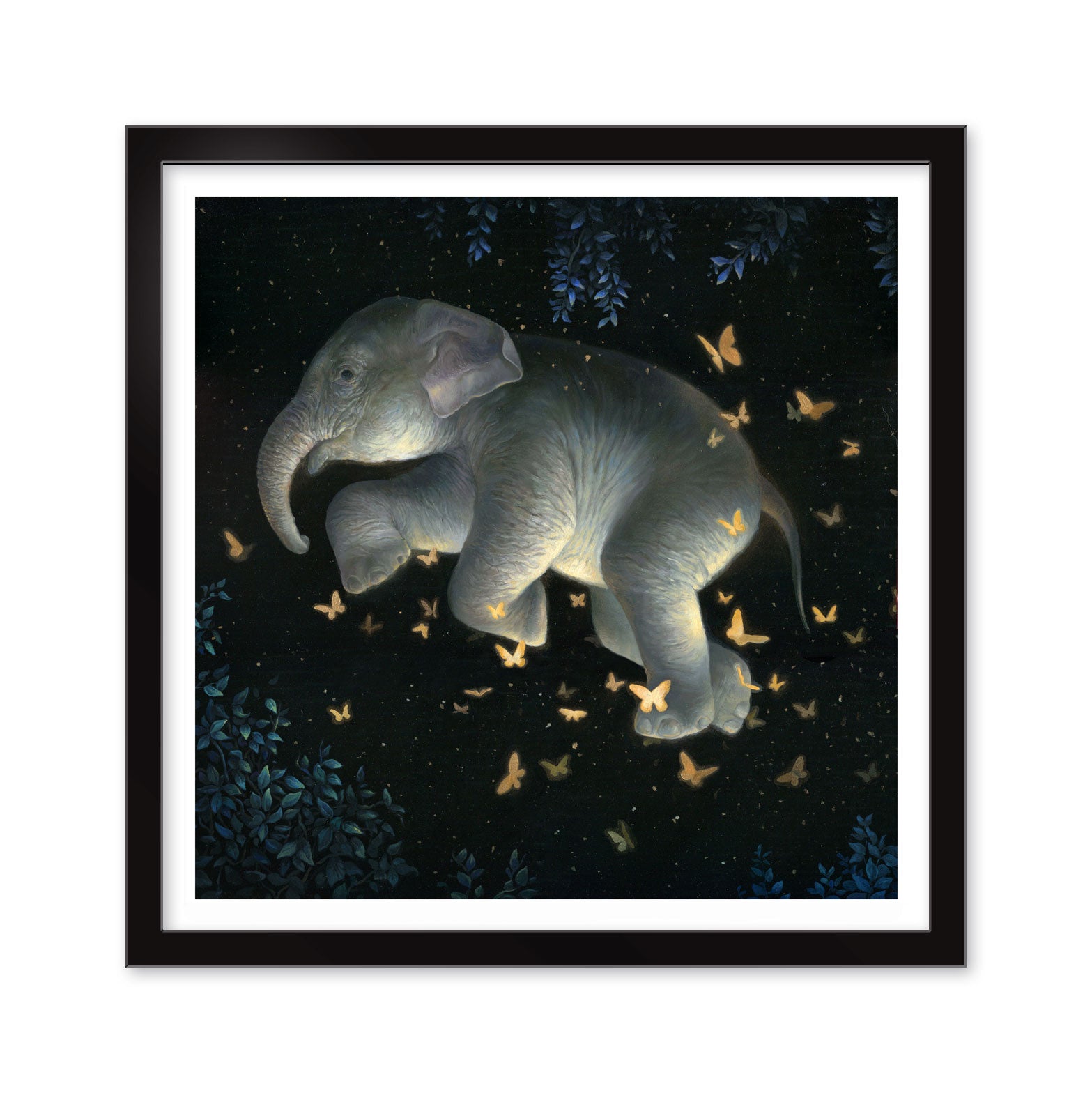 Midnight Ballet by KiSung Koh showcases a baby elephant dancing under a starry sky with glowing butterflies, framed elegantly in black and adorned with hand-embellished foliage at the corners.