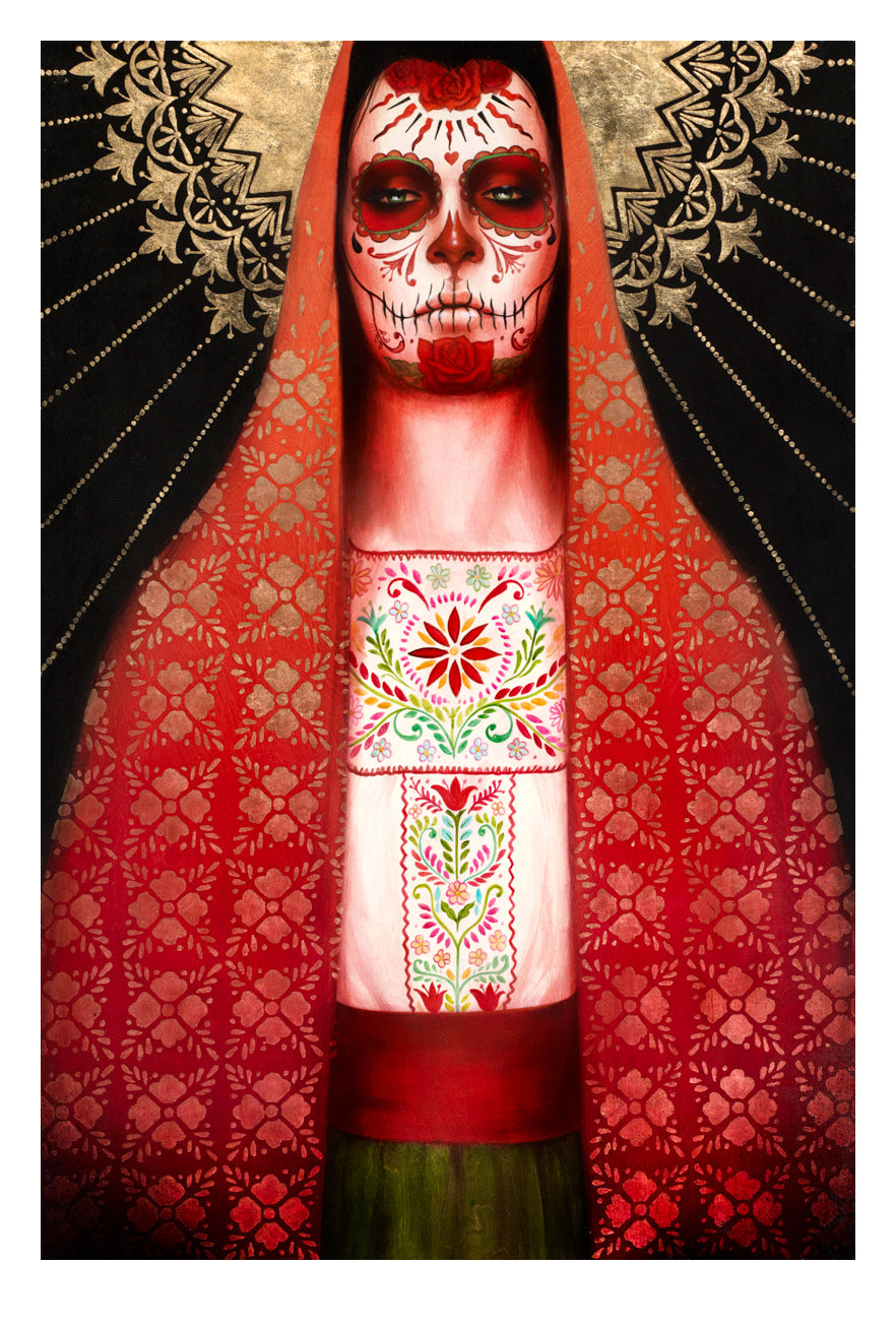 A person is adorned in traditional Día de los Muertos makeup, echoing Sylvia Jis La Virgin de la Soledad, with elaborate designs. They wear a richly embroidered garment and an ornate red and gold shawl, set against a background with decorative patterns.