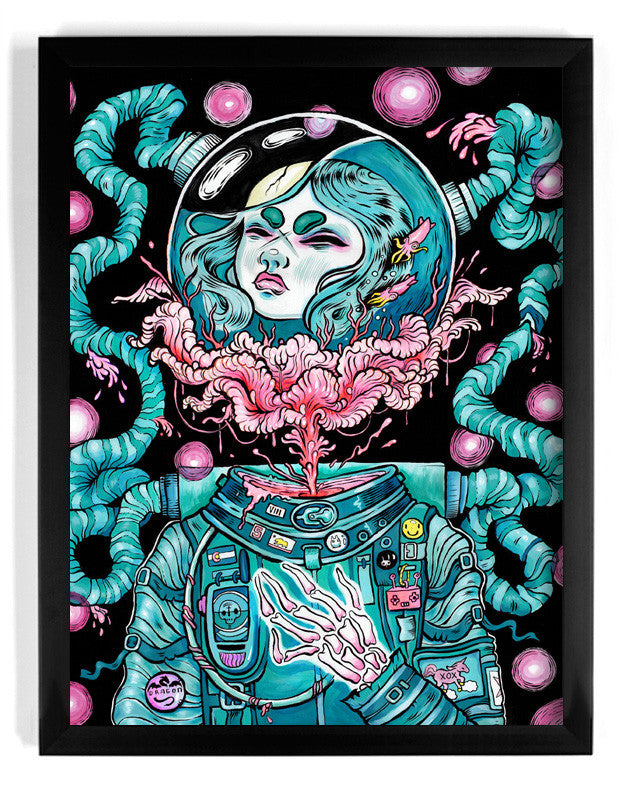 Lauren YSs limited edition fine art giclee print, Growing Up, features a female astronaut with her open helmet revealing her head transforming into pink clouds and green tentacles against a black background with pink spheres.