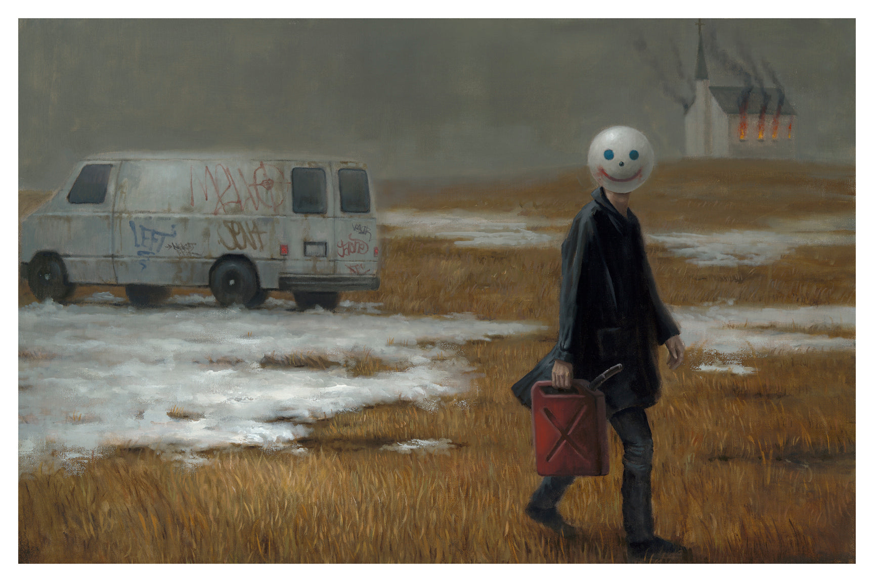 In Leegan Koos Limited Edition Print, Burning, a person in a smiley face mask walks across a snowy field with a red gasoline can. A van covered in graffiti is parked, while a building burns under the gray sky.