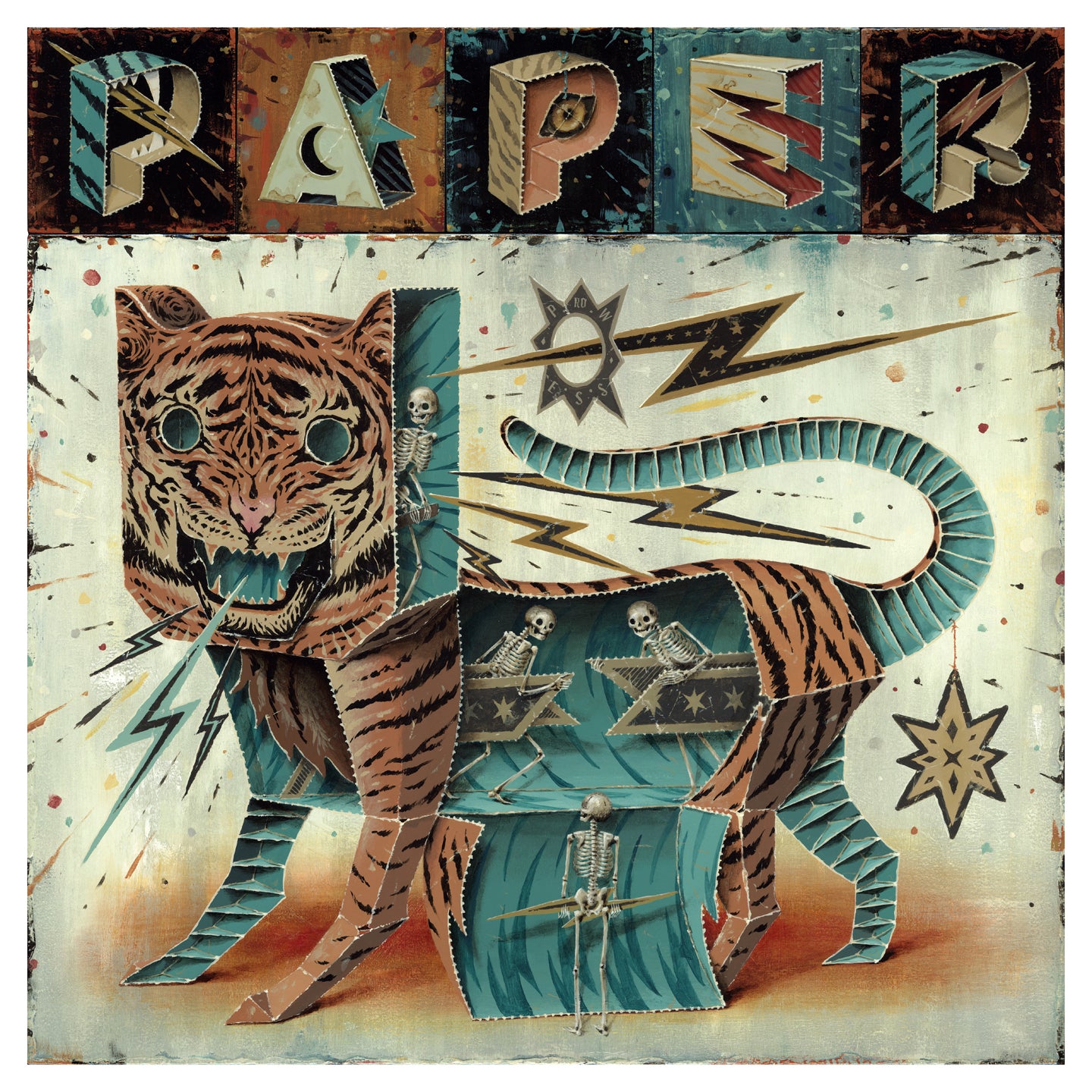 Prowess by Jason Limon is a surreal archival pigment print featuring a paper tiger with an open body revealing skeletons. Geometrically stylized and vibrant, with PAPER above abstract designs. Each piece is signed and numbered for authenticity.