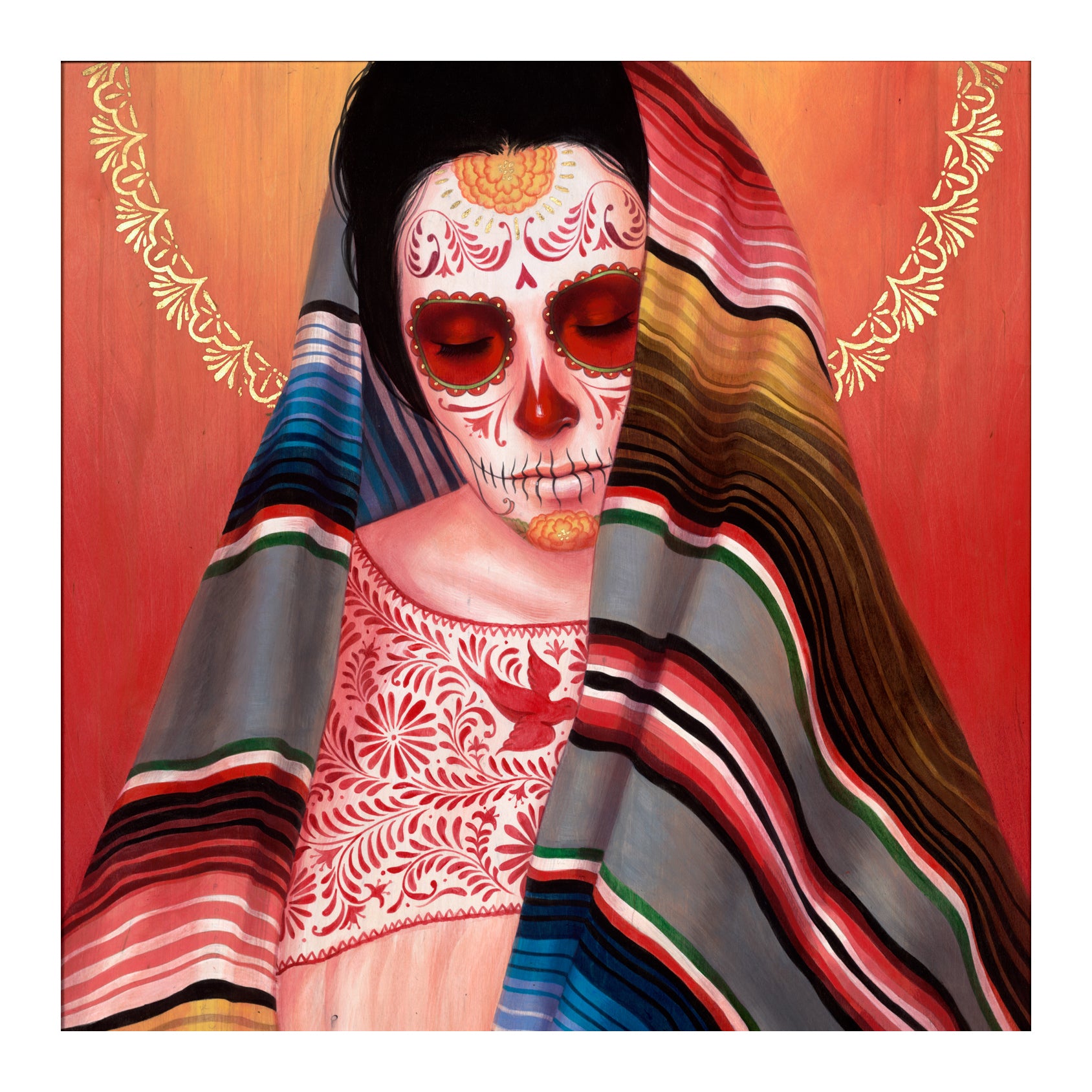 A woman with red and white Día de los Muertos face paint and a colorful shawl poses before a vivid backdrop in "Madré" (Artist's Proof) by Sylvia Ji, capturing the artist’s signature style.