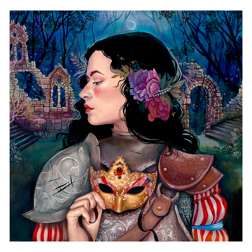 A woman in medieval armor holds a decorated gold mask under the moonlit forest, with flowers and leaves in her dark hair. Background ruins enhance the mystique of Magic Always has a Price, a hand-embellished, signed, and numbered archival pigment print by Ruth Speer.