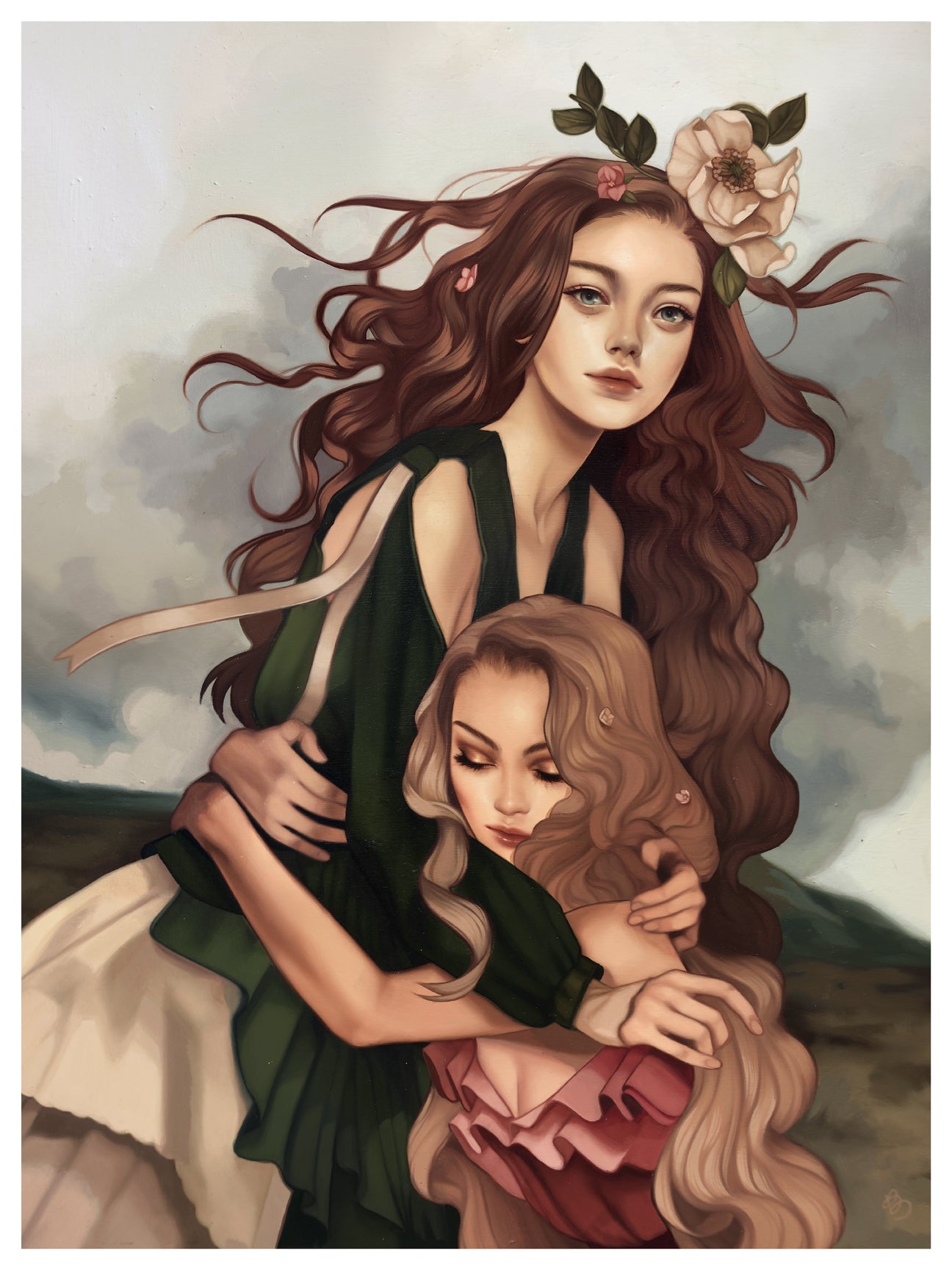 The Magnolia Goddess archival pigment print by Kelsey Beckett portrays a touching embrace between two women. One wears a large flower crown in her long brown hair, while the other has curled golden locks. Both stand against a cloudy backdrop in flowing green and pink dresses.