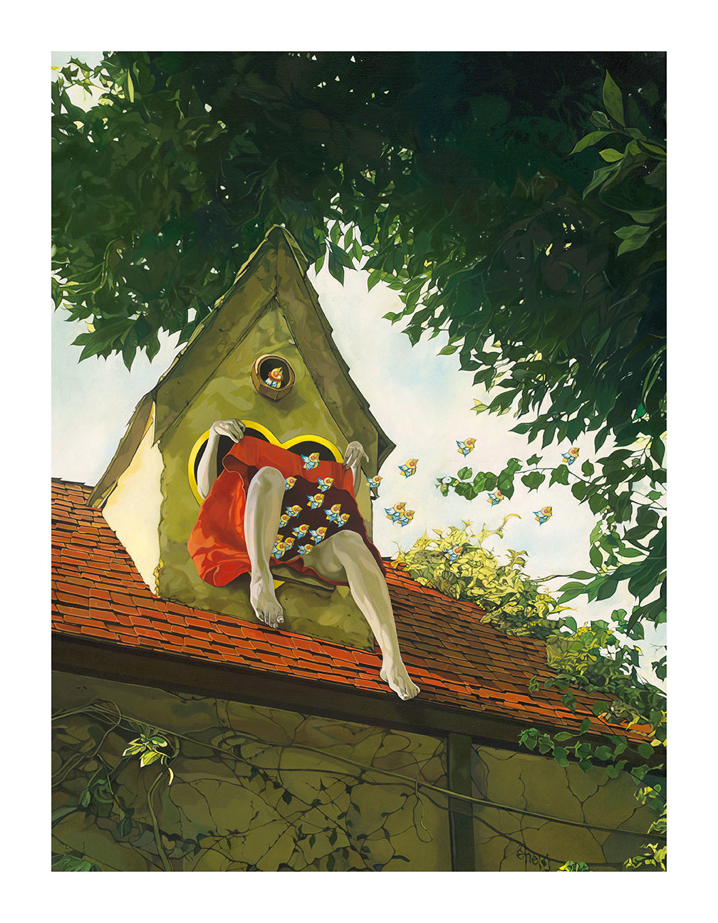 A person in a red dress leans out of an attic window, surrounded by foliage, reminiscent of Jolene Lais Migration painting. They sit with a colorful box as vibrant butterflies flutter nearby, framed by leaves and a bright sky.