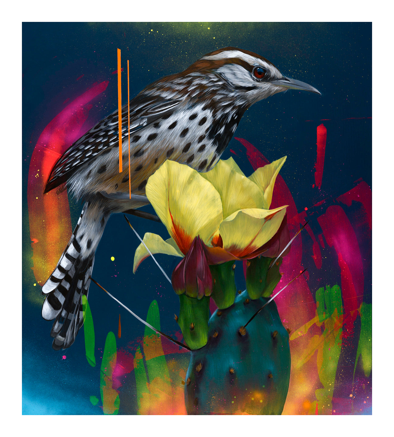 Frank Gonzales Monsoon Misterioso features a brown and white bird with spotted wings on a cactus with a yellow flower against an abstract background of vibrant reds, pinks, and greens. This limited edition piece is an archival pigment print showcasing a dynamic artistic scene.