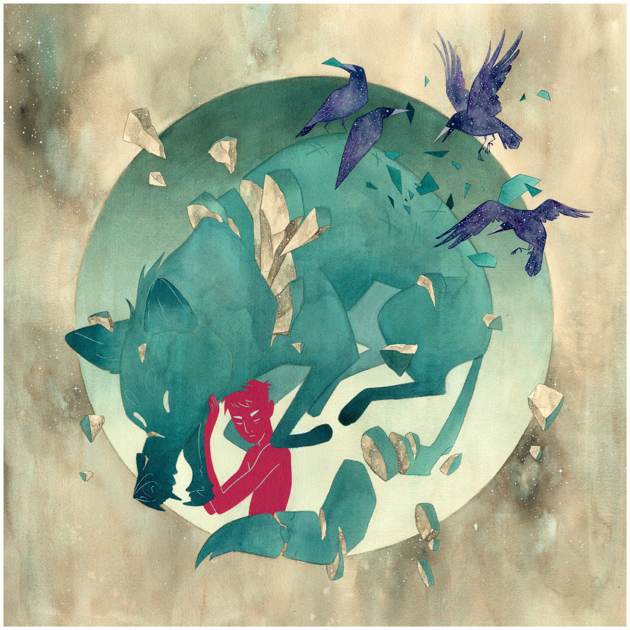 Matching Set by Julian Callos is a surreal artwork of a turquoise wolf emerging from a cocoon with a red figure clinging to it, surrounded by birds and clouds. Available as limited edition fine art giclee prints.
