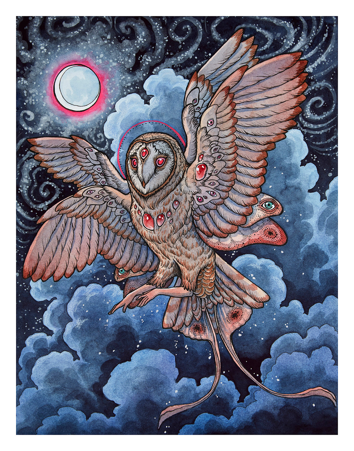 The Moth Owl by Caitlin Hackett is a surreal archival pigment print depicting a mystical moth owl with multiple eyes on its wings, soaring through a night sky with a glowing moon and swirling clouds, surrounded by stars.