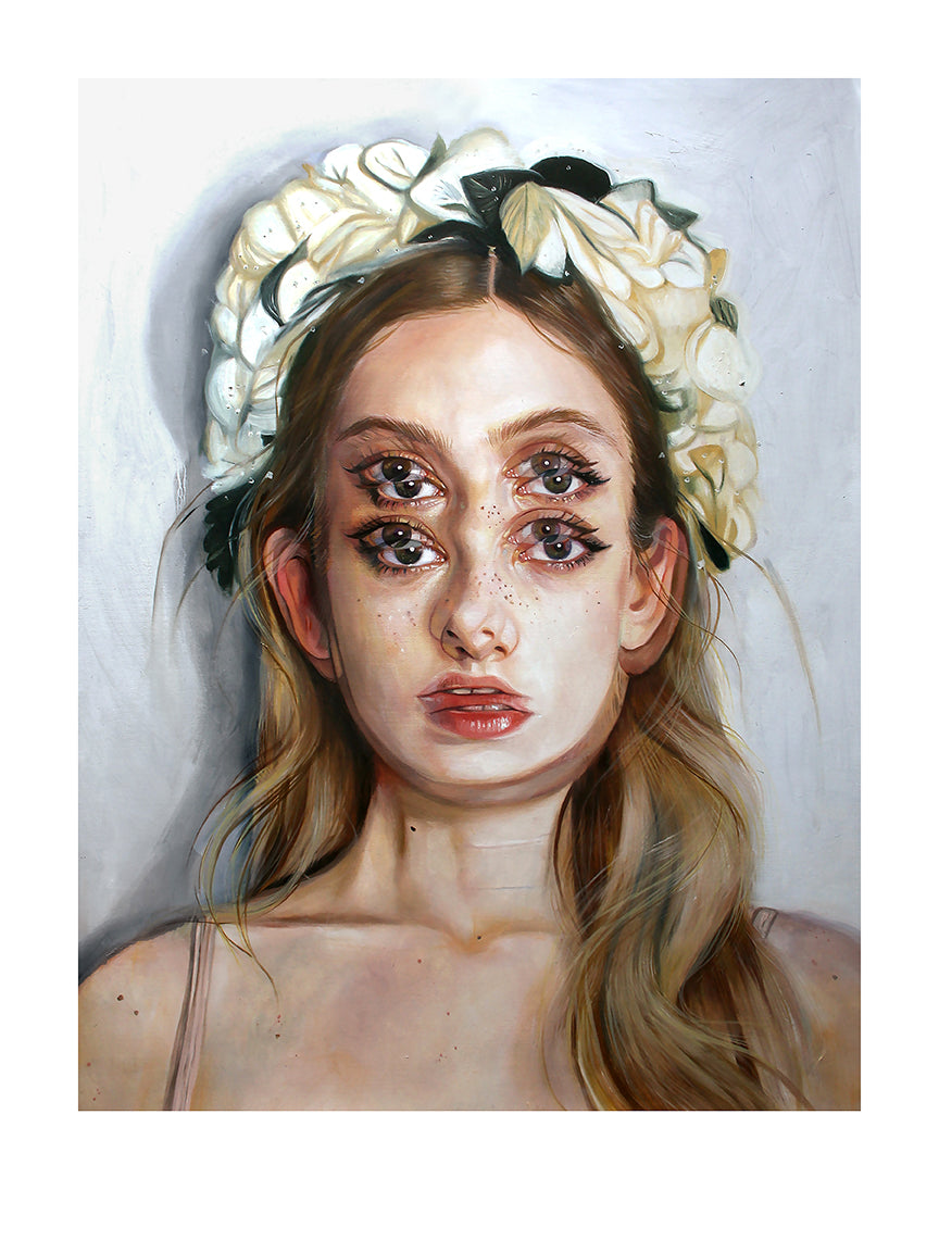 My Big Life by Alex Garant depicts a woman with dual eyes and eyebrows, crowned in white blooms. Her long blonde hair adds to this surreal yet realistic signed and numbered archival pigment print, showcasing the artists unique style.