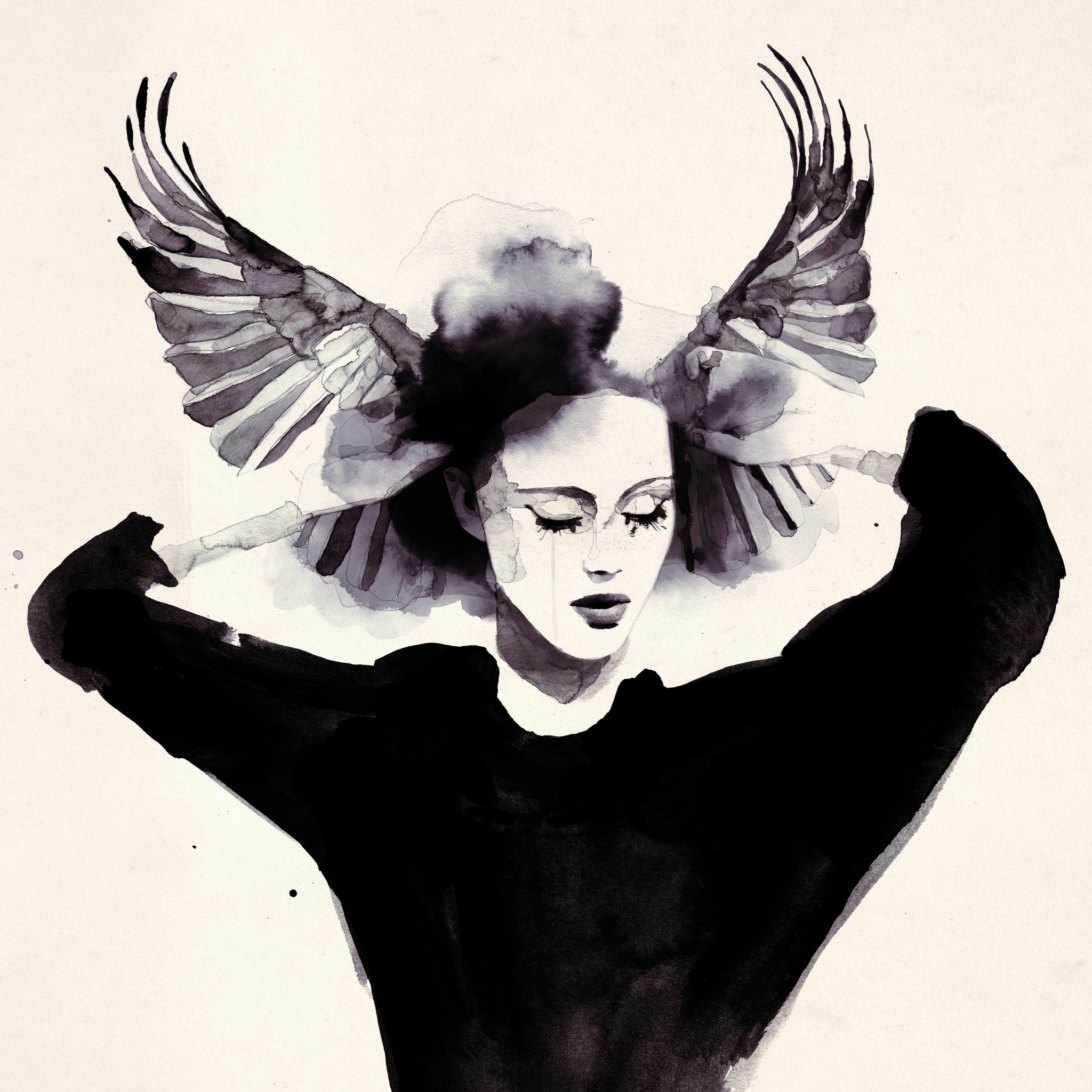 Olgha, a limited edition monochromatic fine art giclee print by Conrad Roset, depicts a person with bird wings on their head, eyes closed and head slightly tilted, blending human and avian elements for a surreal effect.