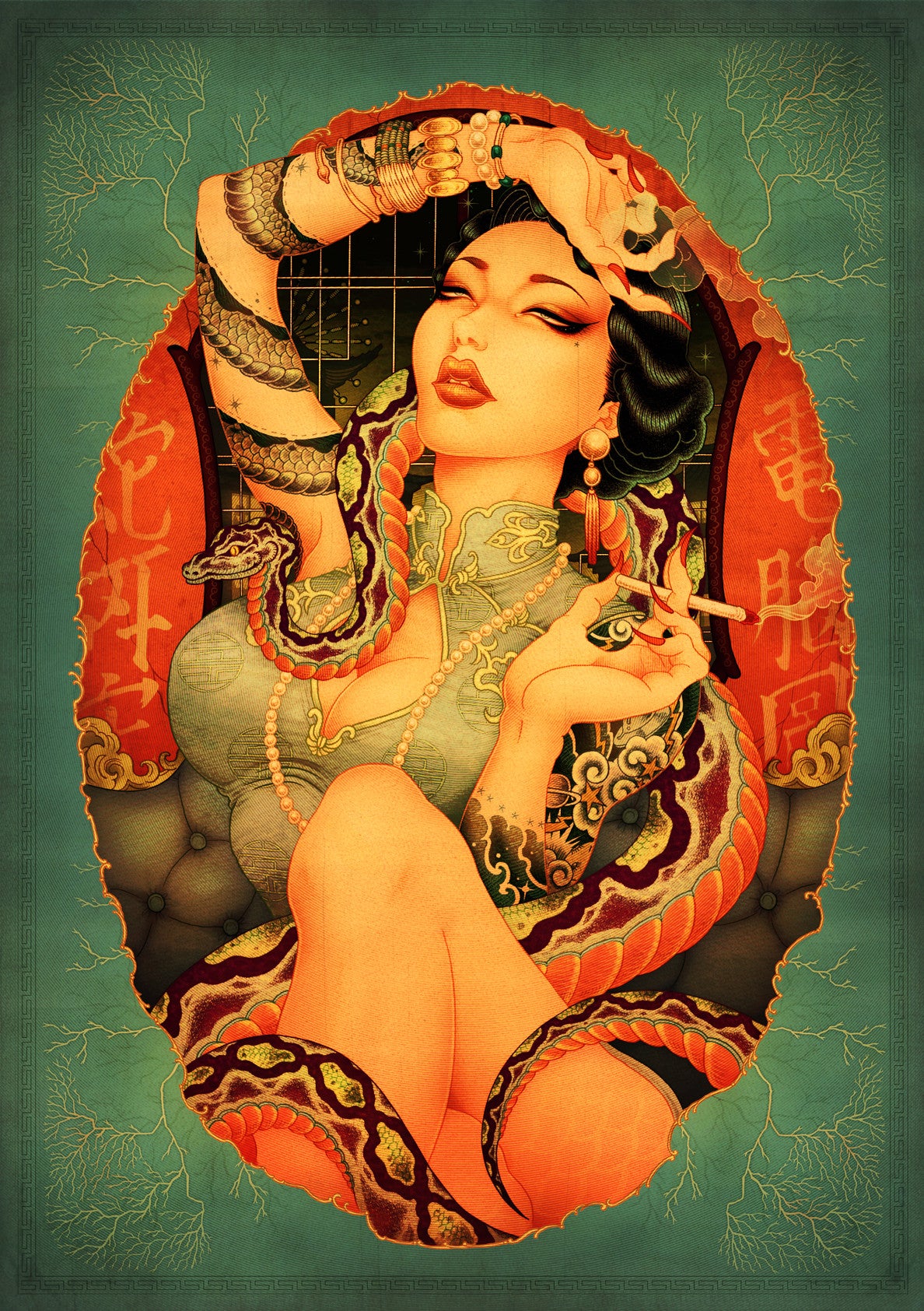 The DEN EN KEN print by ONEQ artistically portrays a stylish woman in traditional attire, lounging with eyes closed and a cigarette among snakes. Complete with an ornate frame featuring Asian character red banners, it exudes an exotic, vintage feel. Each limited edition piece is hand numbered.