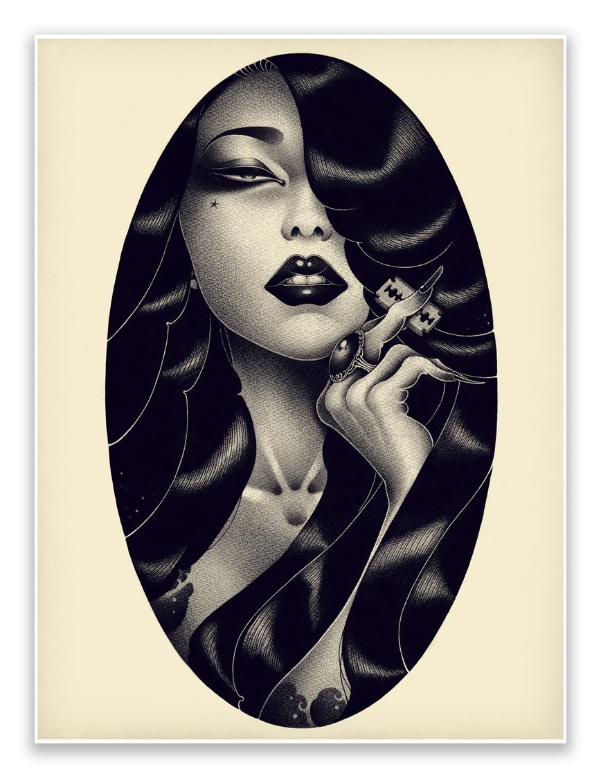 ONEQs Kamisori (Printers Proof) features a stylized black and white illustration of a woman with long hair, her hand near her face and eyes partially hidden. Set in an oval frame, this piece is part of a hand-numbered edition.