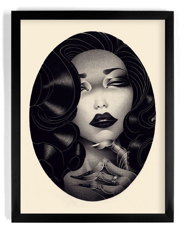 Explore Waiting by ONEQ, a limited edition framed fine art print showcasing a stylized portrait of a woman with voluminous dark hair, closed eyes, bold makeup, elegant eyebrows, and full lips. This hand-numbered masterpiece is truly mesmerizing.