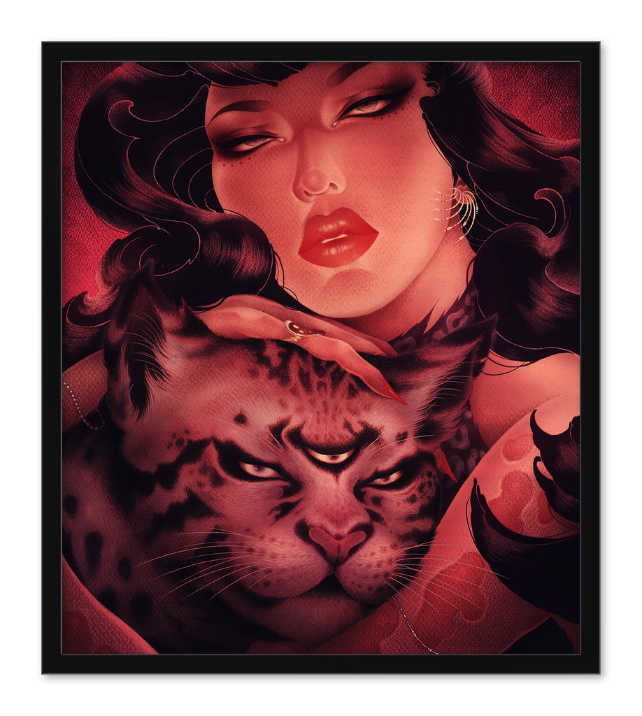 Metamorphose, a limited edition archival pigment print by ONEQ, features stylized artwork of a person with long dark hair and vivid makeup holding a fierce-looking cat. Dominated by deep red tones, it creates an intense, dramatic atmosphere.