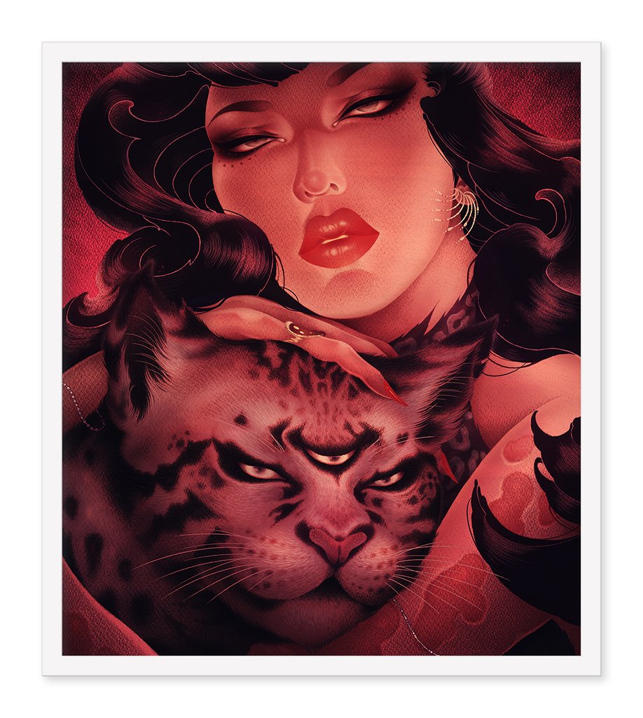 The Metamorphose by ONEQ is a surreal, limited edition archival pigment print featuring a woman with long, dark hair and bold makeup holding a leopard. Both share an intense gaze with deep red tones and intricate details that beautifully blend fantasy and elegance.