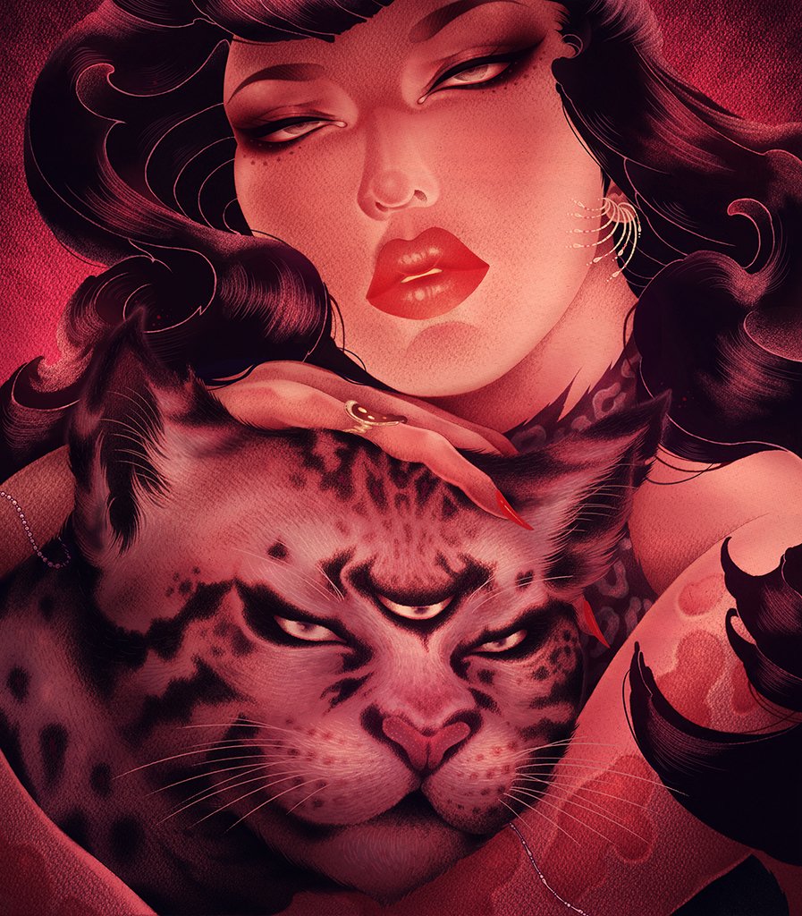 In the ONEQ Art Limited Edition Metamorphose, an illustrated woman with dark hair and red lipstick embraces a mystical three-eyed cat. The cats spotted fur and stern expression contrast the rich maroon background, enhancing the mysterious and magical atmosphere of this archival pigment print.