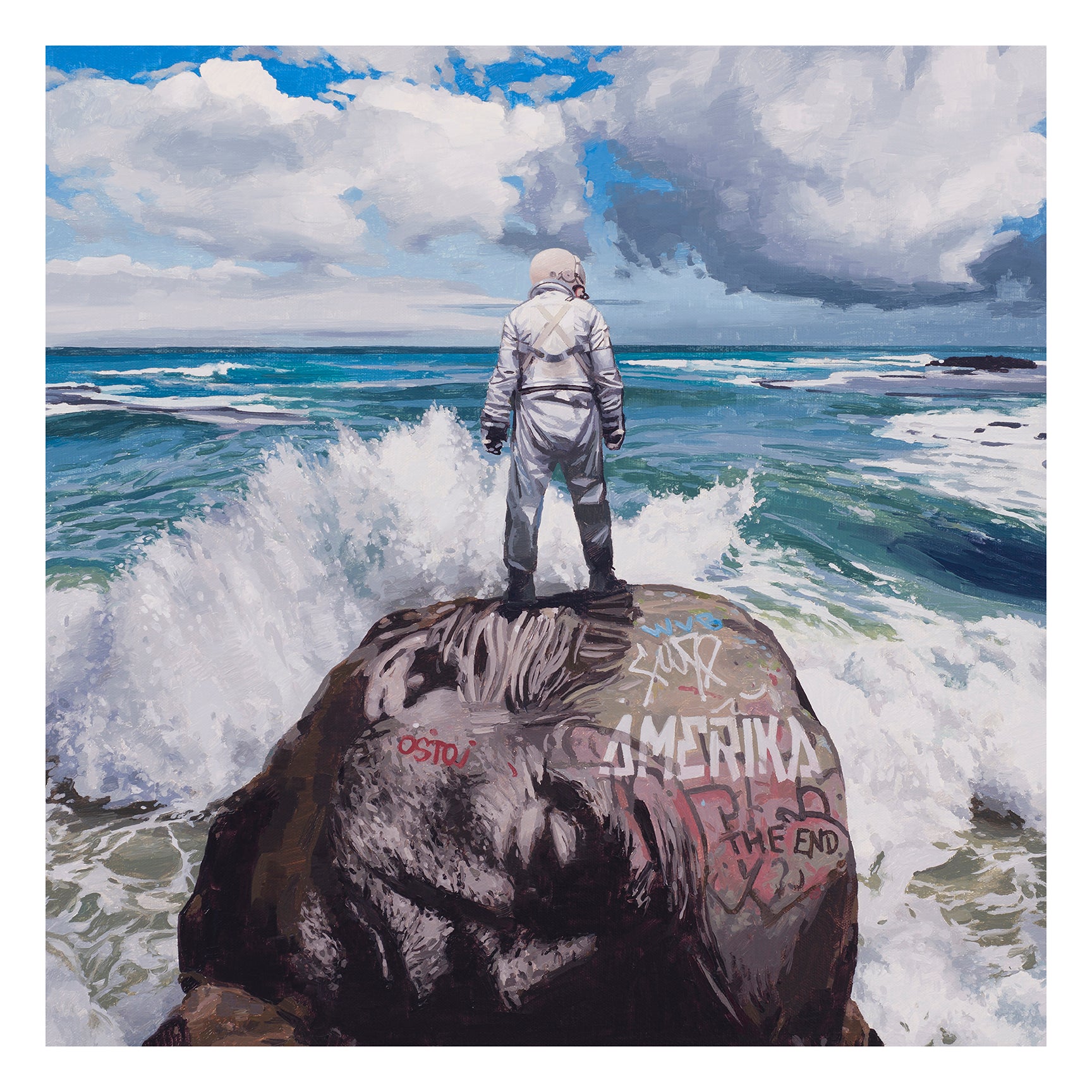 A solitary figure in a spacesuit, akin to Ozymandias, stands on a graffiti-laden rock by the ocean. Waves crash under a cloudy sky, evoking Scott Listfields unique style in this Archival Pigment Print masterpiece.