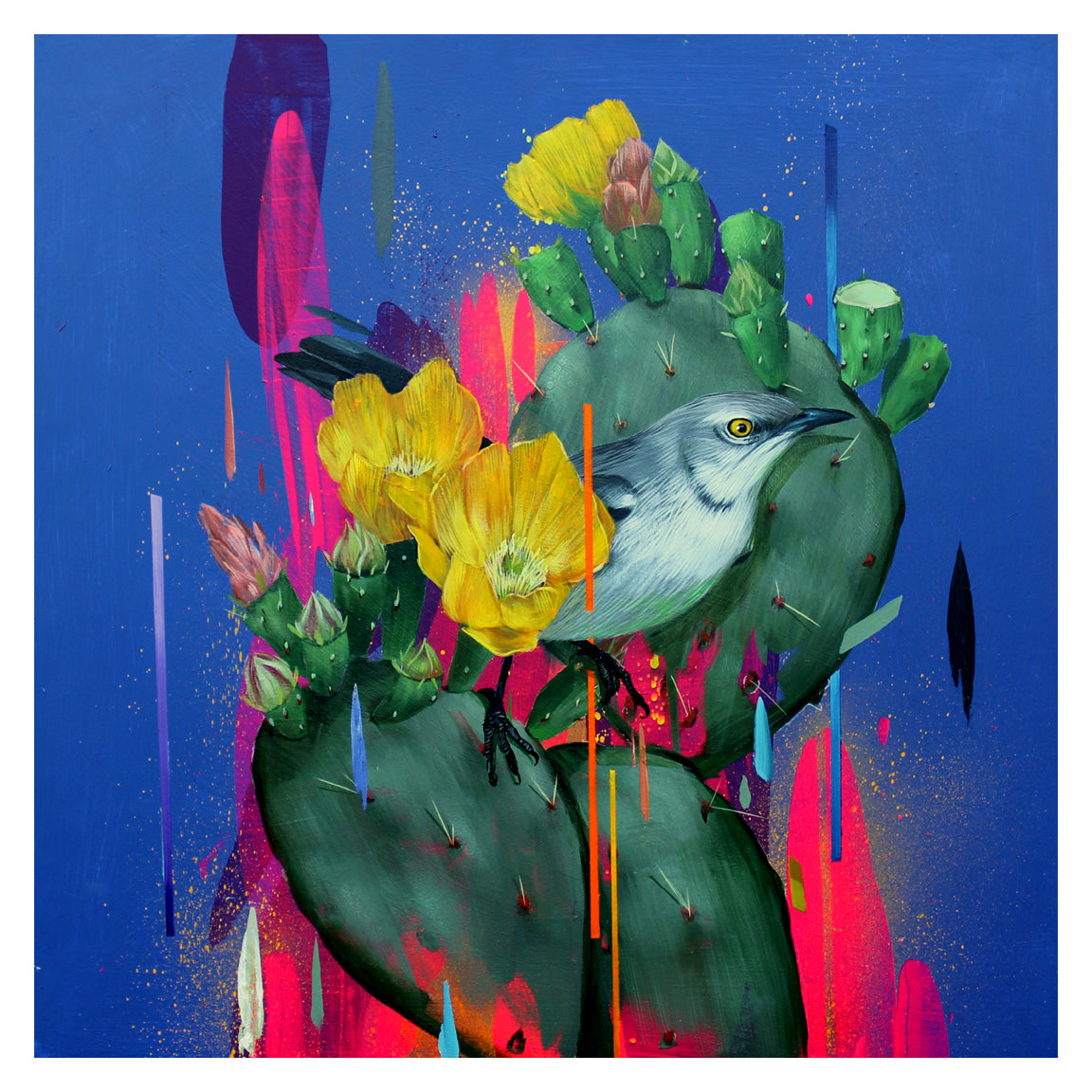 Frank Gonzales’ Picoso features a bird perched on a vibrant cactus with yellow flowers amidst abstract, colorful strokes on a bright blue background. This dynamic archival pigment print is signed, numbered, and exclusively limited to 50 editions.