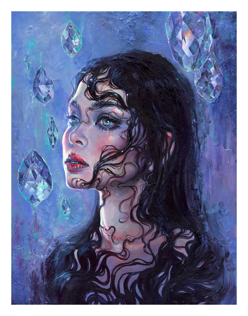 In Phantom Rain by Tanya Shatseva, a woman with long hair gazes upwards, her locks blending into a textured purple and blue backdrop. Faceted crystal shapes float around her, enhancing the artworks ethereal and dreamy feel. This archival pigment print is signed and numbered for authenticity.