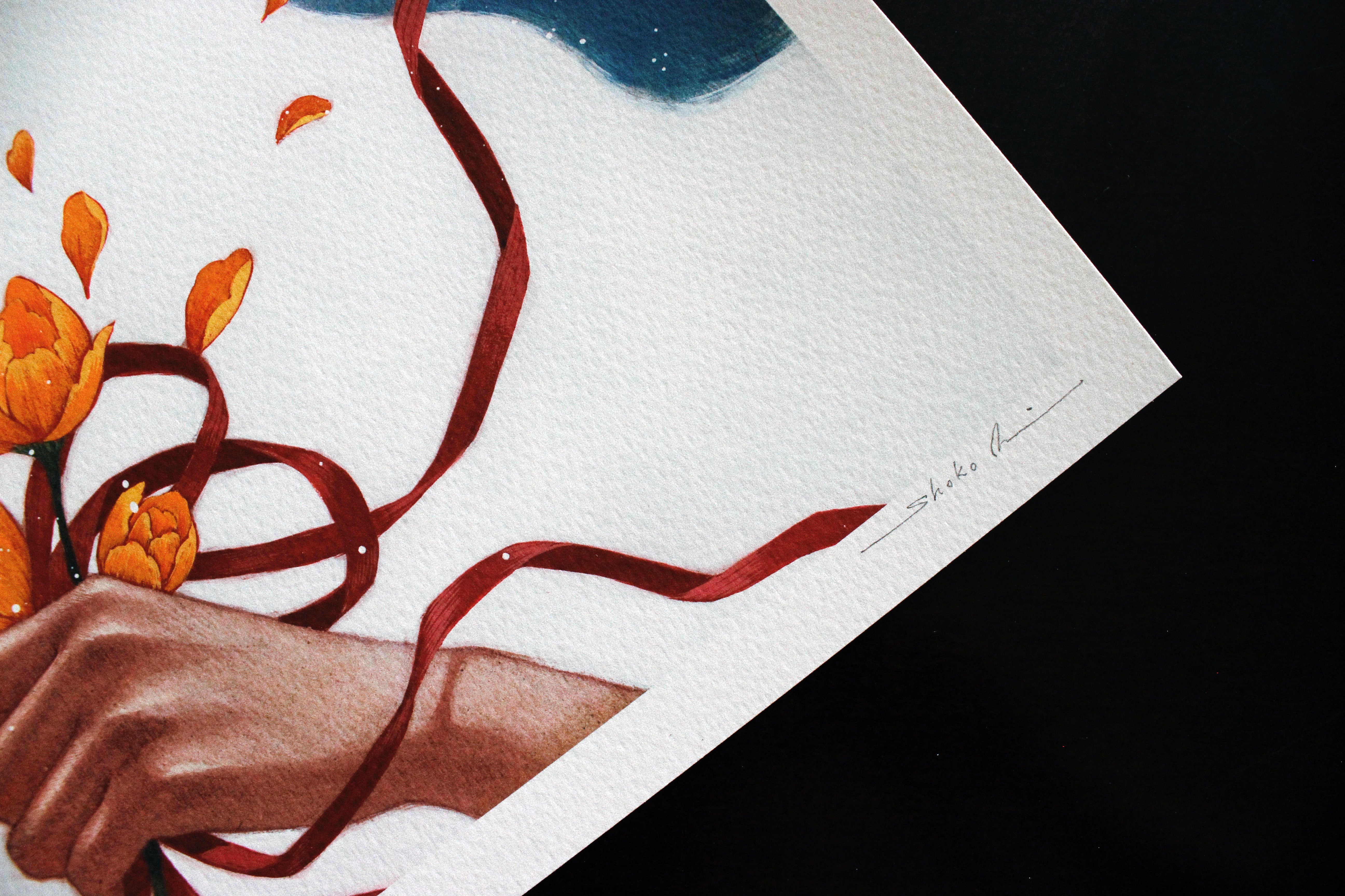A close-up illustration titled Winter Bride by Shoko Ishida depicts a hand holding orange flowers wrapped in red ribbons against a mostly white background with blue accents. The artists signature, Shiko, is visible in the bottom corner.