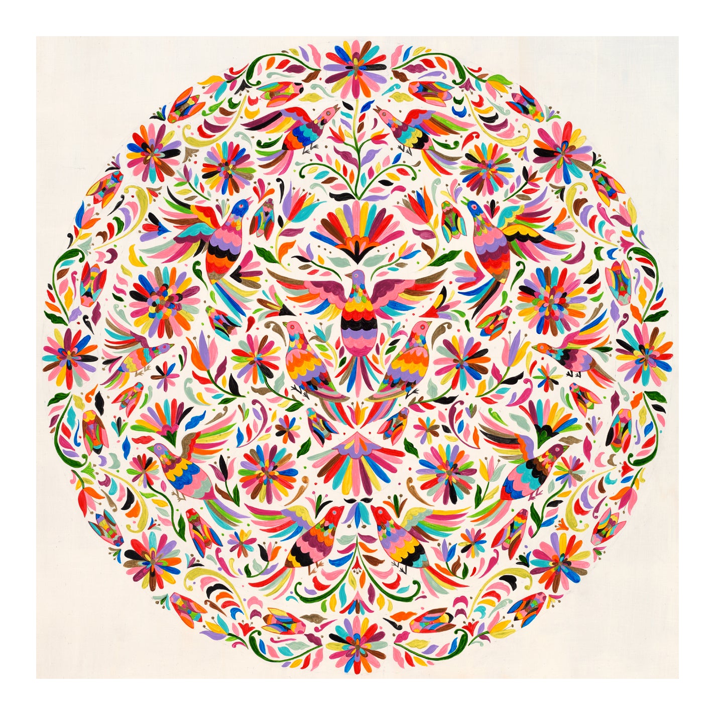 Pigeon Otomi" (Artist's Proof) by Sylvia Ji displays a vibrant, symmetrical circular folk art pattern of colorful birds, flowers, and leaves in reds, greens, blues, pinks, and yellows on archival watercolor paper.