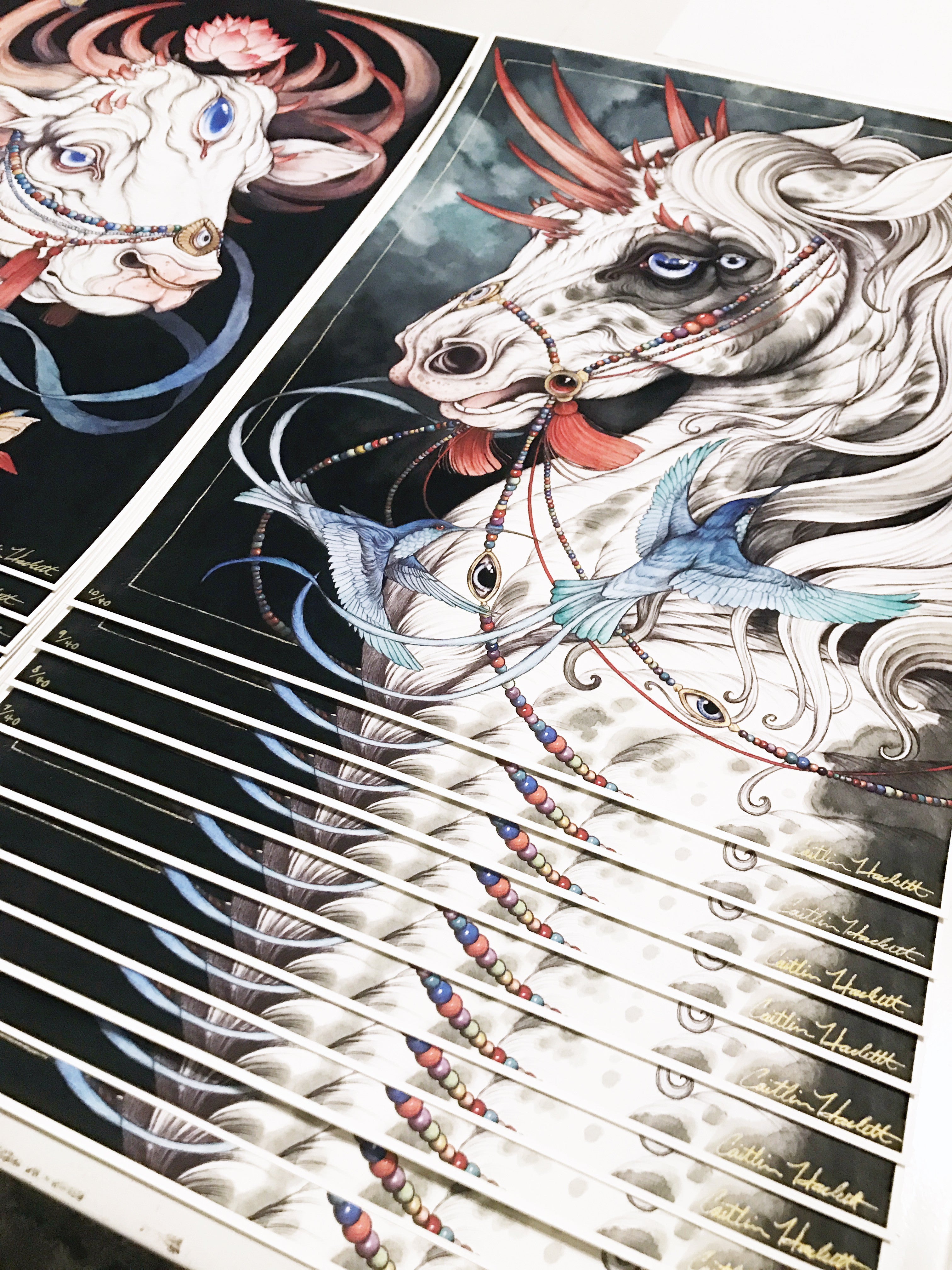 The Sacred Bull" & "The Gift Horse" archival pigment print set by Caitlin Hackett features signed art of a white horse with beaded jewelry, feathered mane, and blue birds. Each print is hand-signed in gold by the artist.