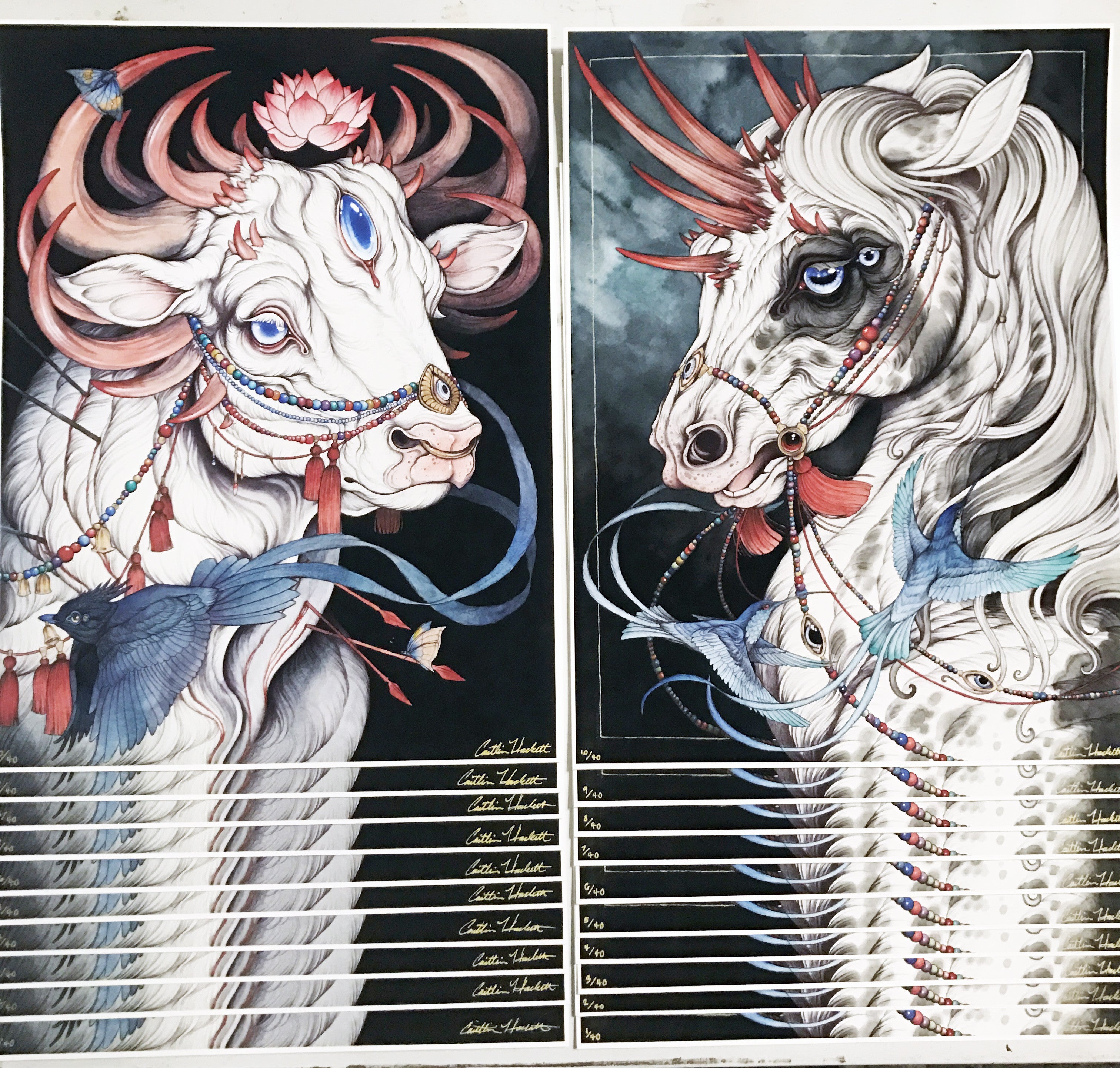 The "The Sacred Bull" & "The Gift Horse" set by Caitlin Hackett features signed, numbered archival pigment prints of stylized animal portraits, available as a collectible art print duo.