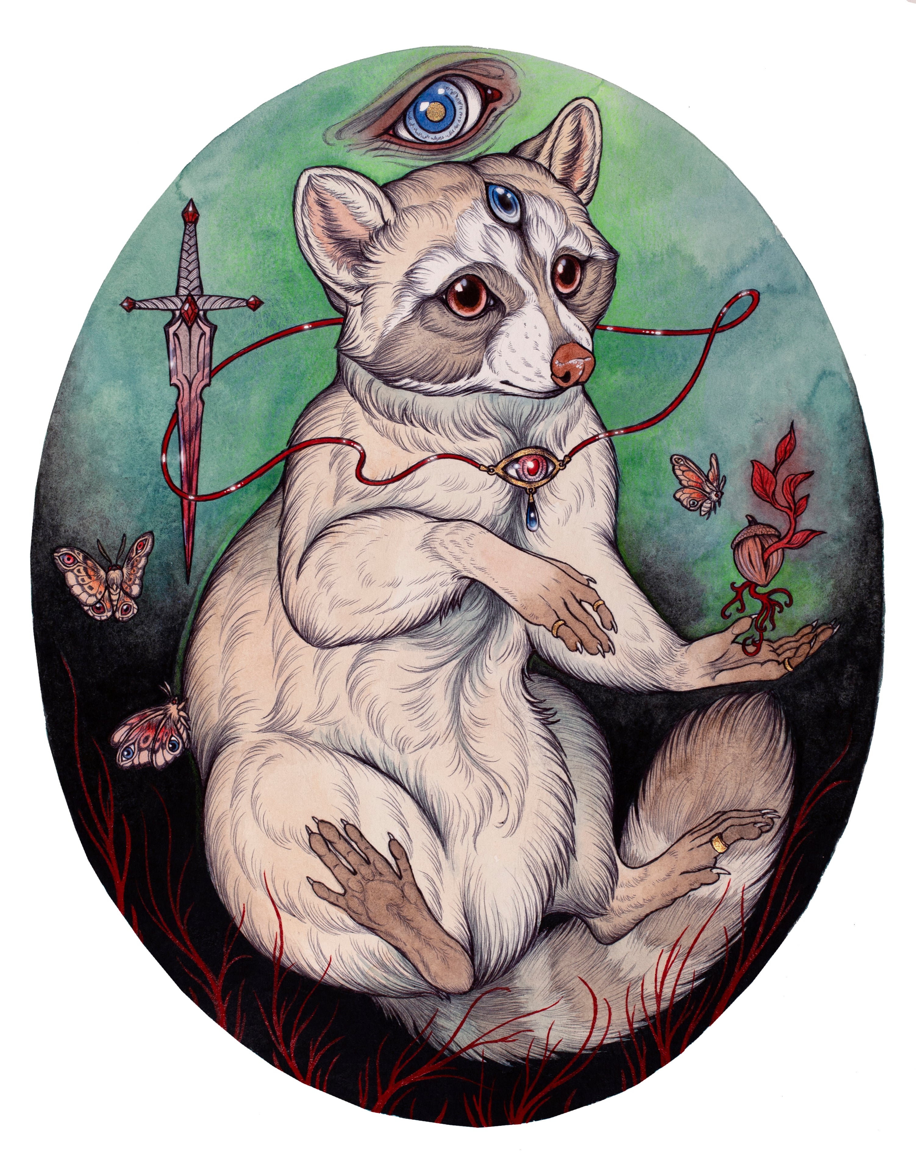 The Mystic of the Rubbish Bin by Caitlin Hackett features a raccoon-like creature with a plant, red thread, an eye on its forehead, and a sword. Butterflies and red grass surround it in an oval frame. This is a limited edition archival pigment print.
