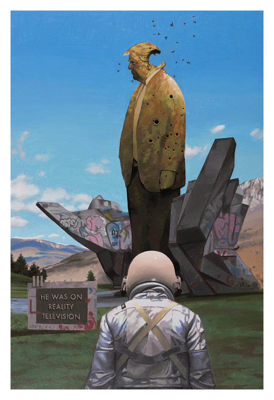 An astronaut observes a crumbling statue of a suited man as birds fly overhead. The graffiti-covered pedestal suggests former fame, while a sign declares, HE WAS ON REALITY TELEVISION. Mountains and clouds linger in the background under an archival pigment print sky in Scott Listfields Reality Television.