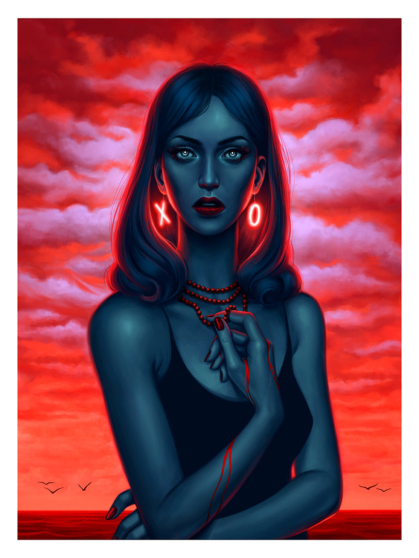 A woman with blue skin and glowing red eyes stands against a dramatic red sky with swirling clouds in the Allison Reimold limited edition archival pigment print titled XOXO, wearing neon X and O earrings, a black top, and holding a glowing red pendant.