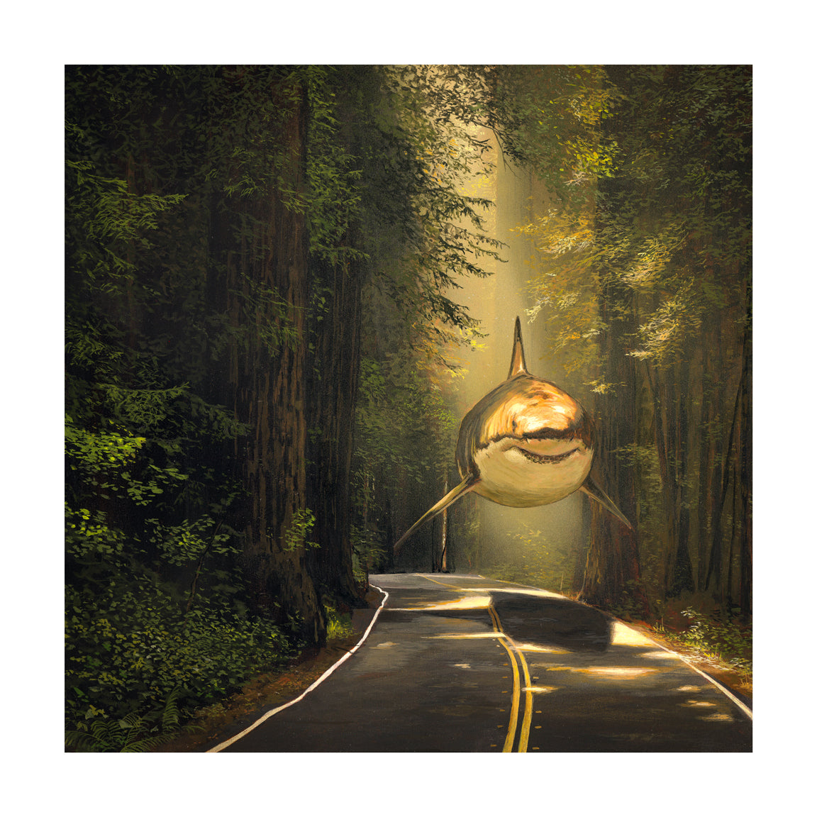 A large shark appears to swim down a sunlit forest road in Rewarded Are The Curious by Chris Austin. This archival pigment print captures a surreal scene with dappled light through tall trees, and is signed and numbered for a limited edition collection.