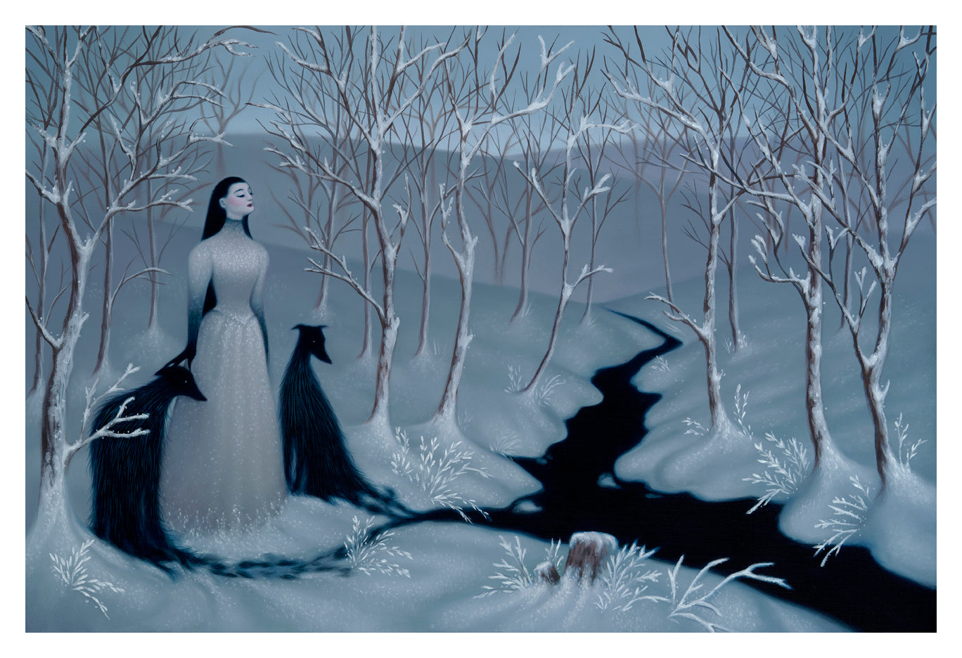 In Syd Bees Rivus Limited Edition Archival Pigment Print, a woman in a white dress stands in the snowy landscape with bare trees and two black hounds. A dark stream winds through the foreground beneath an overcast sky, capturing a serene, wintry atmosphere.