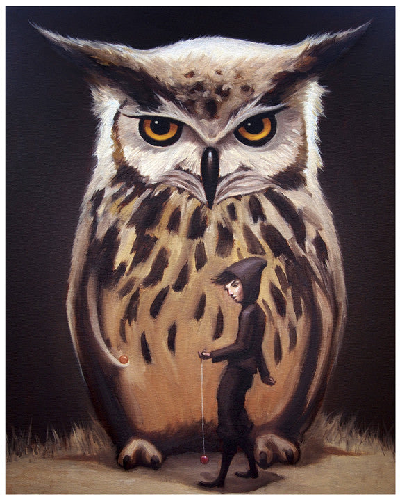 A person in a hooded outfit plays with a yo-yo under the gaze of a giant owl, its feathers detailed like fine art giclee prints. The whimsical scene, titled Owl, is created by Ruel Pascuel and embodies a fantasy-like atmosphere.