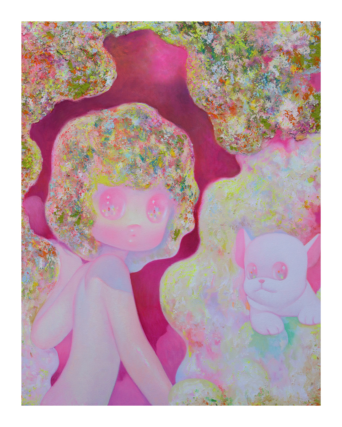Sanctuary by So Youn Lee is a colorful, surreal artwork featuring a figure with a tree-like hairstyle and a fluffy animal. Captured in vibrant pinks and greens, this dreamlike scene is offered as a limited edition archival pigment print.
