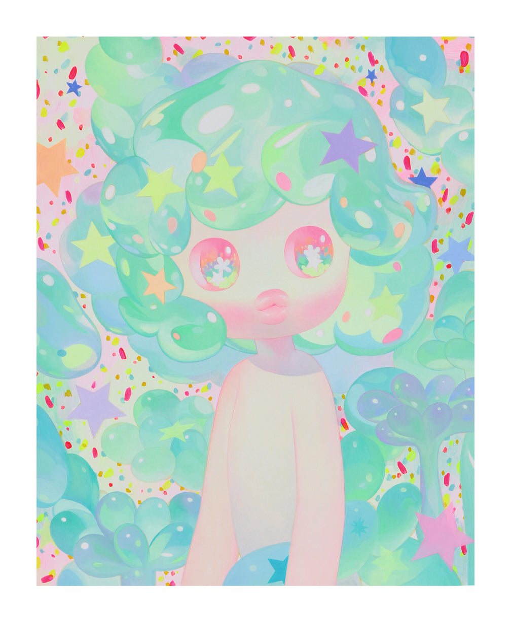 The limited edition First Droplet archival pigment print by So Youn Lee showcases a whimsical character with mint-green, starry hair and pink eyes, set against a vibrant background of colorful stars and speckles, creating a dreamy, playful atmosphere that embodies thoughtful serenity.