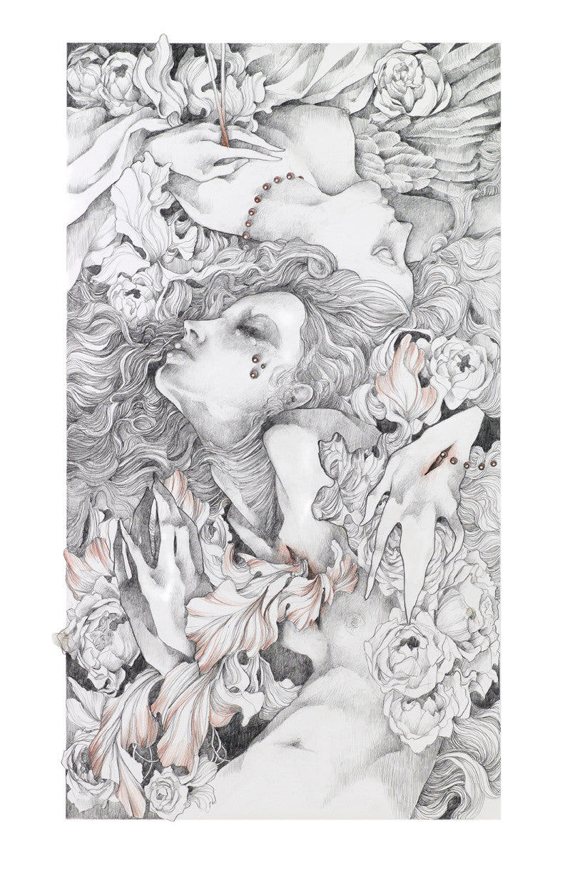 Safe Passage by Craww is a limited edition fine art giclee print, signed and numbered. It features intertwined human figures, flowers, and animal skulls with touches of red, enhanced by flowing hair and delicate lines to create a dreamlike black-and-white composition.