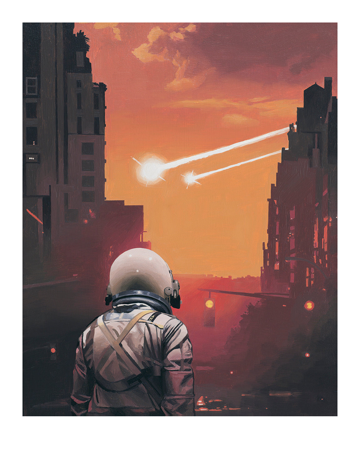 An astronaut stands on a city street at sunset in Two Coming In, a Limited Edition by Scott Listfield. Two celestial objects streak above silhouetted buildings, beautifully depicted with Archival Pigment Print.