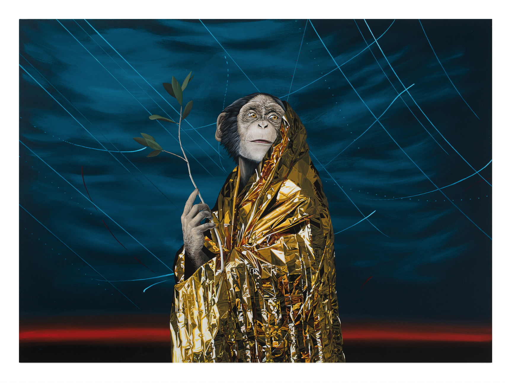 A chimpanzee wrapped in a shiny gold emergency blanket holds a leafy branch against a surreal dark blue sky with curved, glowing lines. This exquisite scene, reminiscent of Final Approach by David Rice, is captured as an Archival Pigment Print.