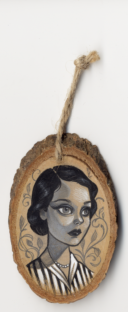 The Sandi Calistro Untitled #2 Original Painting features a woman with short dark hair in a striped blouse and pearl necklace. Set on a wooden slice, it uses an acrylic black and white color scheme. Enchanting floral designs fill the background, and it includes a rope for hanging.