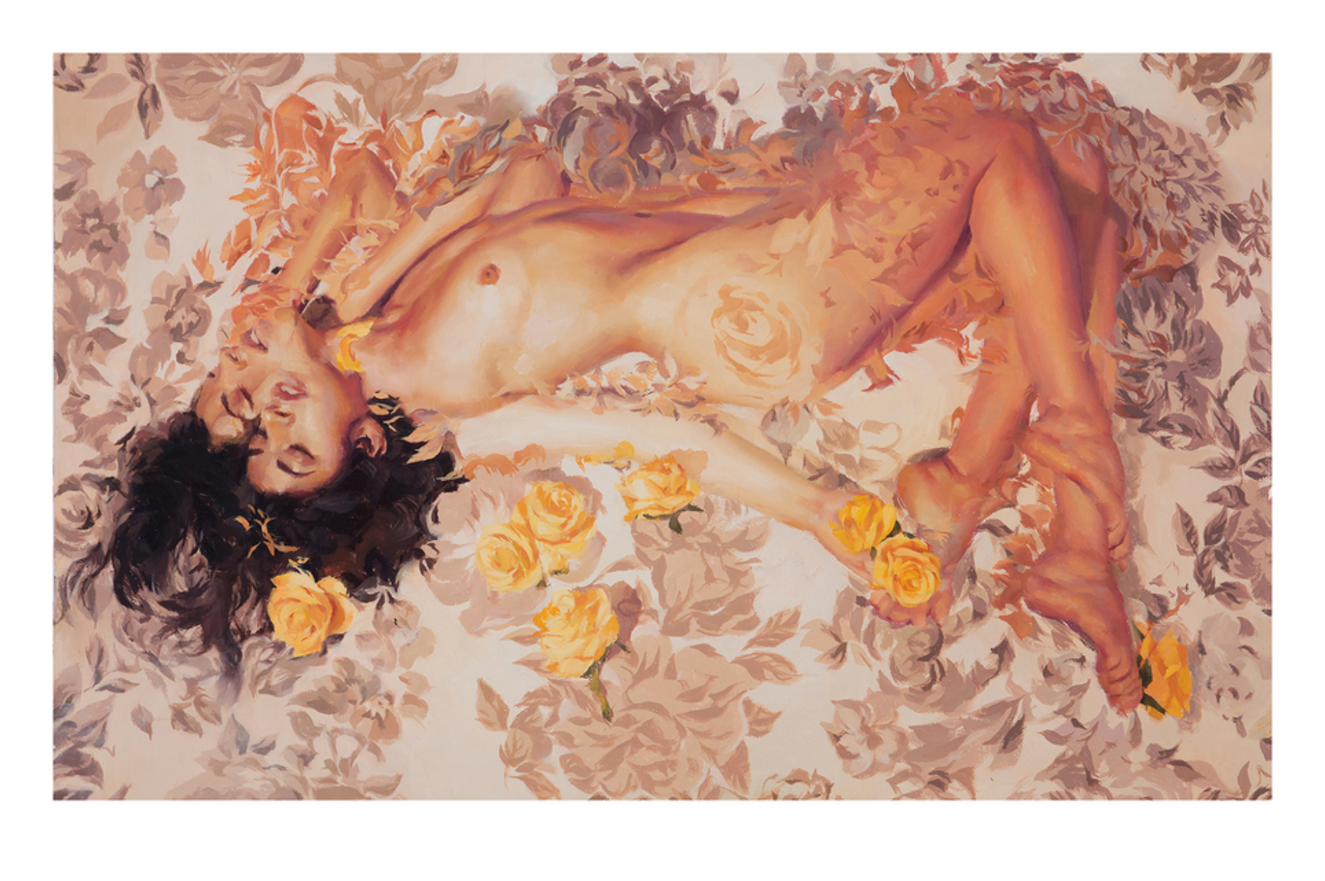 The Sergio Lopez piece Glowing Peace depicts a nude on a floral surface with glowing yellow roses. The subjects eyes closed and dark hair fanned out, the painting radiates peace through its warm, soft colors.